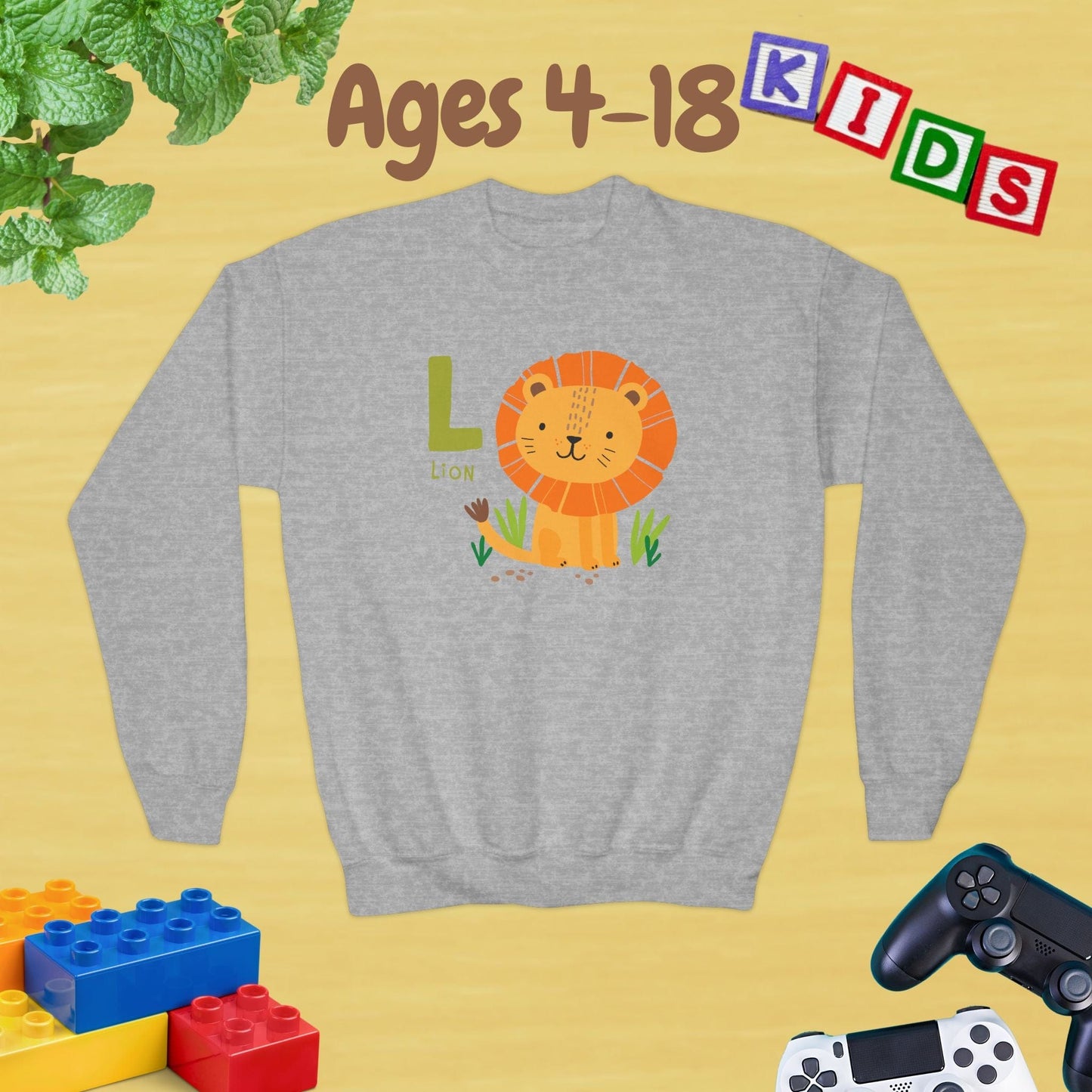 Animal Alphabet - L for Lion Ages 4-18 Unisex Kids and Teens Sweatshirt - Cozy Fall and Winter Youth Sweatshirt