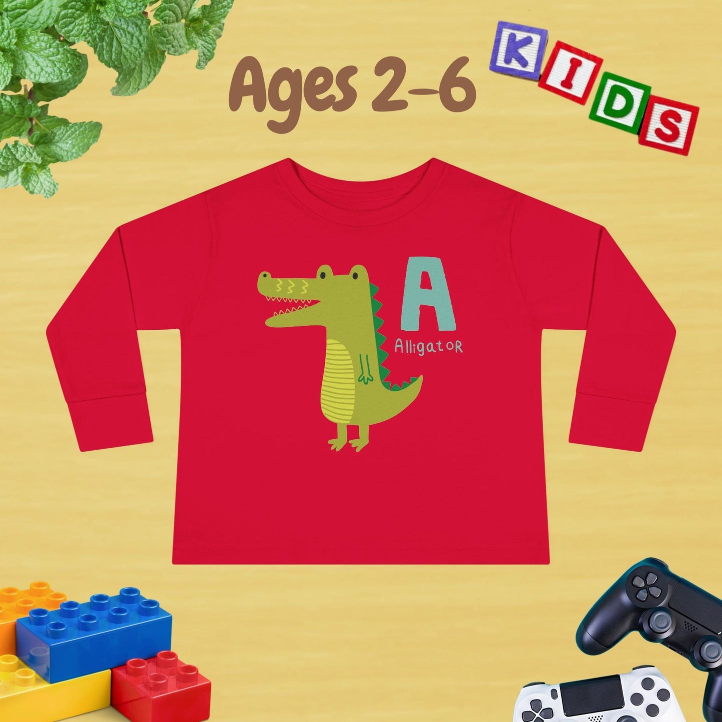 Animal Alphabet A for Alligator Unisex Kids Sweater Toddler Long Sleeve Tee Ages 2-6 - 100% Cotton Spring and Fall Kids Sweatshirt