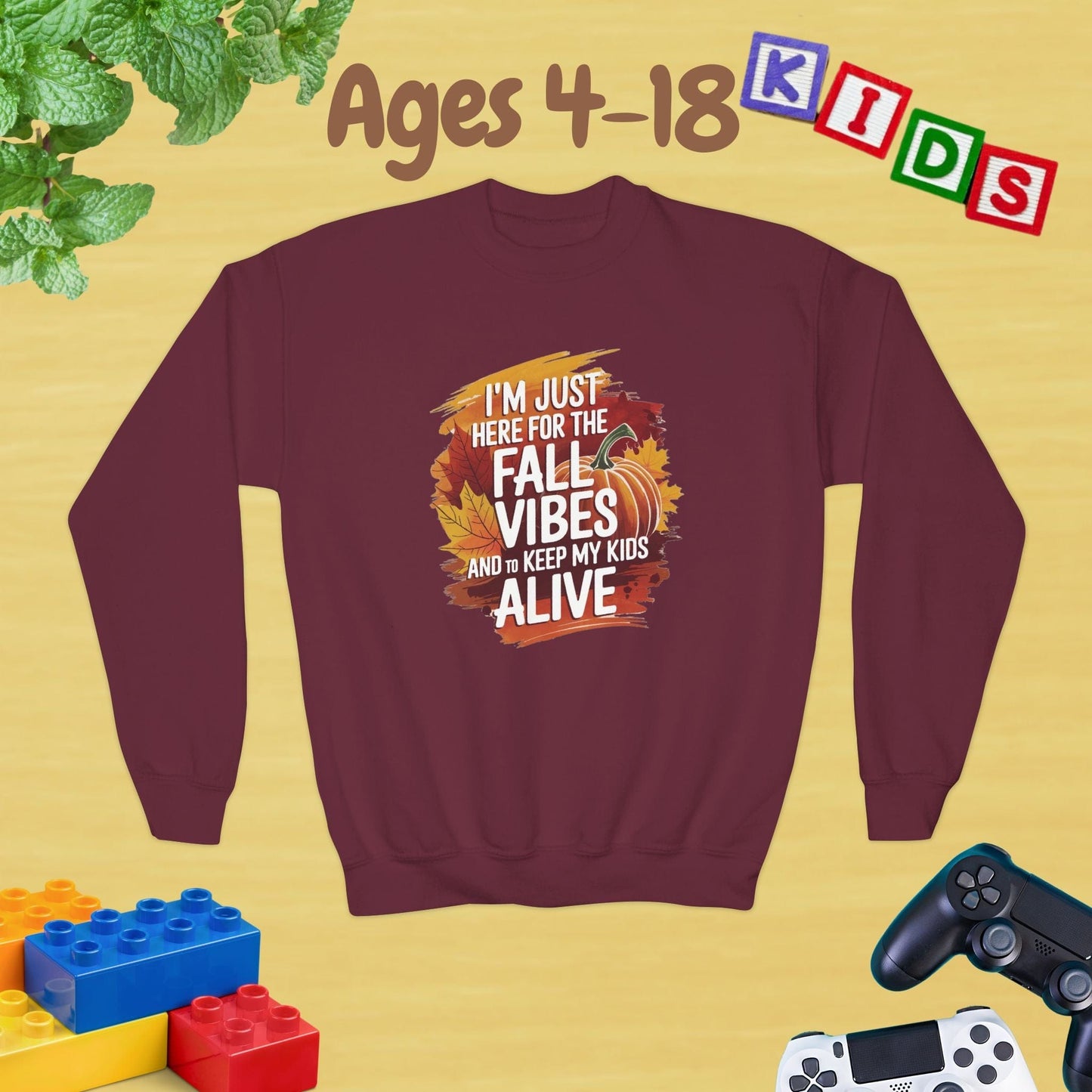 I am Just Here for the Fall Vibes & to Keep My Kids Alive Chill Unisex Ages 4-18 Kids Teens Sweatshirt - Cozy Fall Winter Youth Sweatshirt