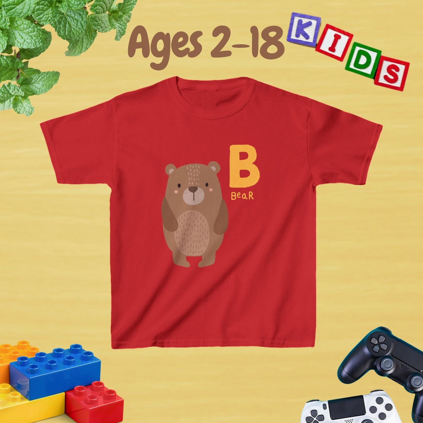 Animal Alphabet - B for Bear Unisex Kids Tee - Graphic Alphabet Tee for Kids Age 2-18