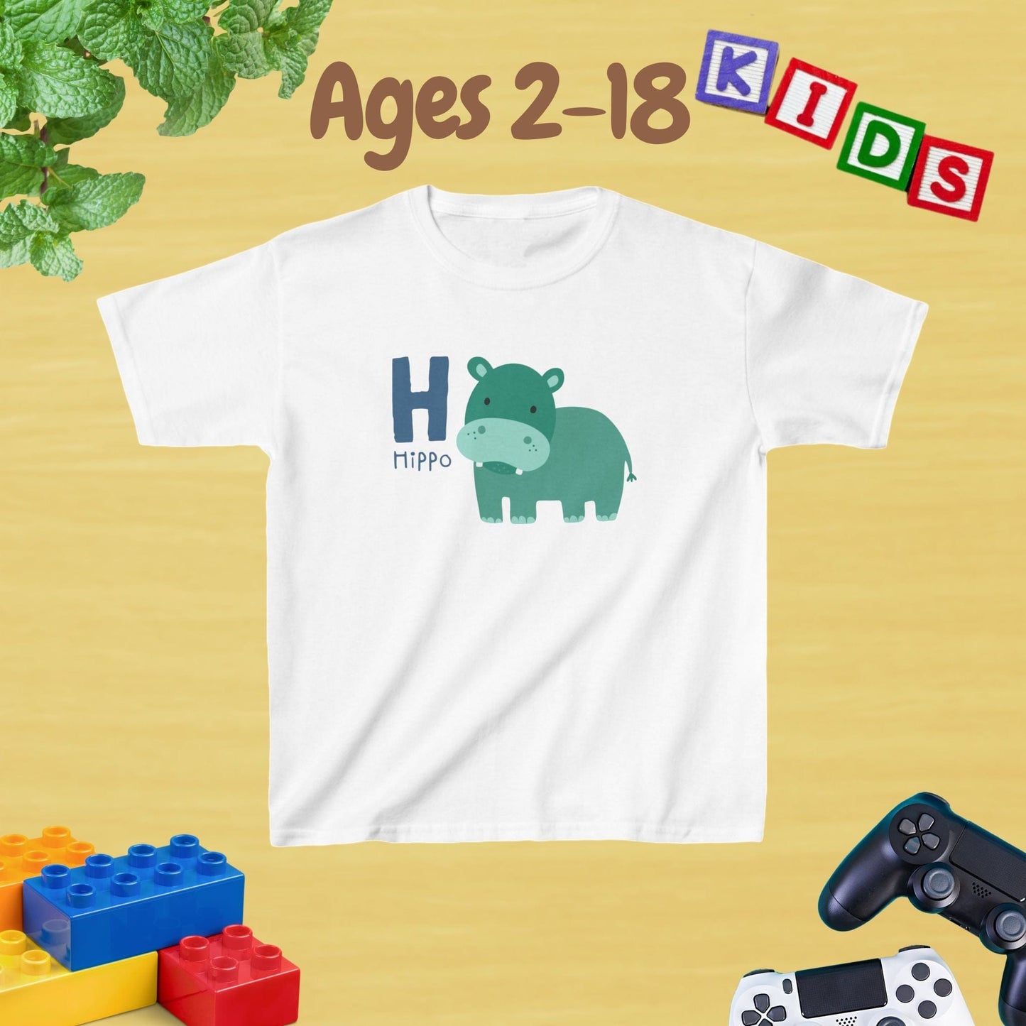Animal Alphabet - H for Hippo Unisex Kids Tee - Graphic Alphabet Tee for Kids Age 2-18