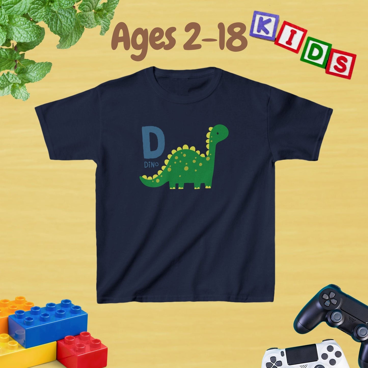 Animal Alphabet - D for Dino Unisex Kids Tee - Graphic Alphabet Tee for Kids Age 2-18