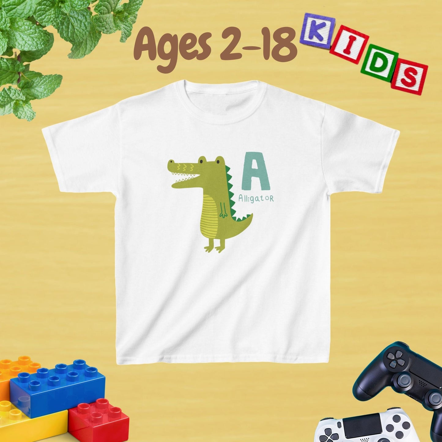 Animal Alphabet - A for Alligator Unisex Kids Tee - Graphic Alphabet Tee for Kids