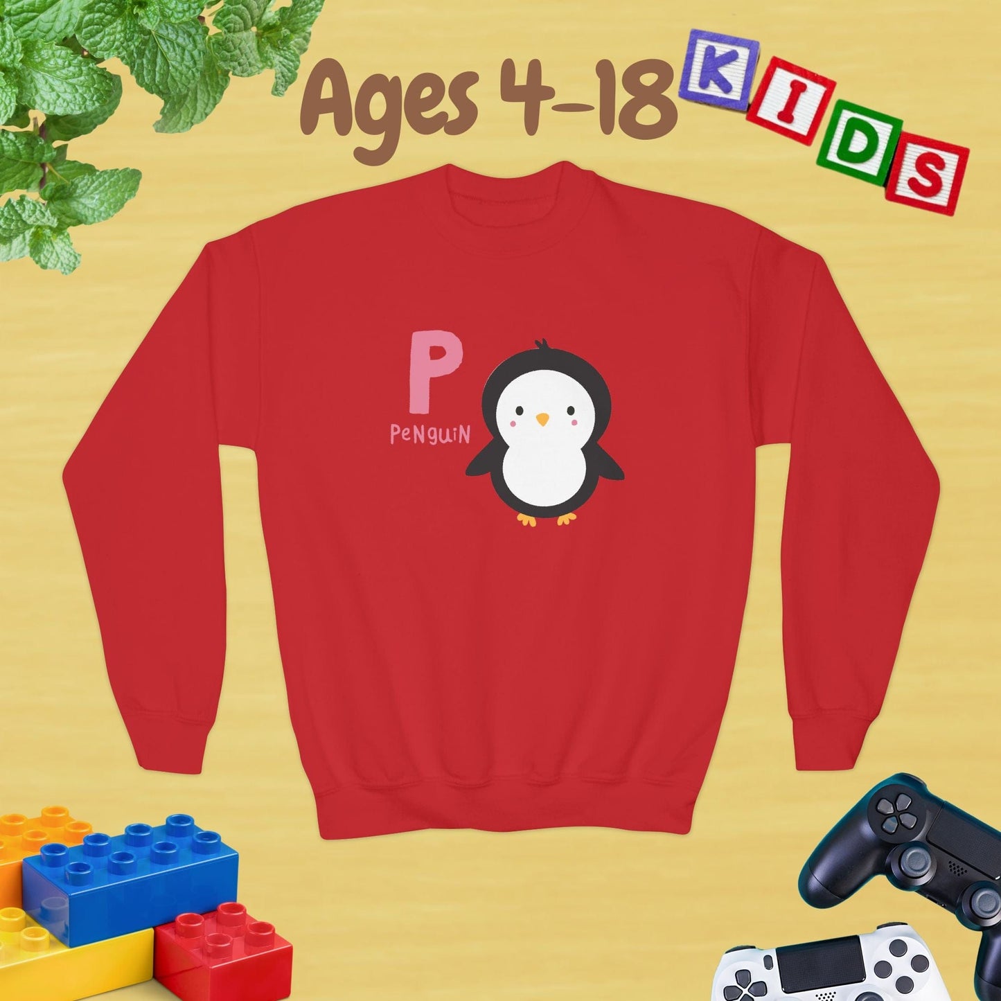 Animal Alphabet P for Penguin Ages 4-18 Unisex Kids and Teens Sweatshirt - Cozy Fall and Winter Youth Sweatshirt