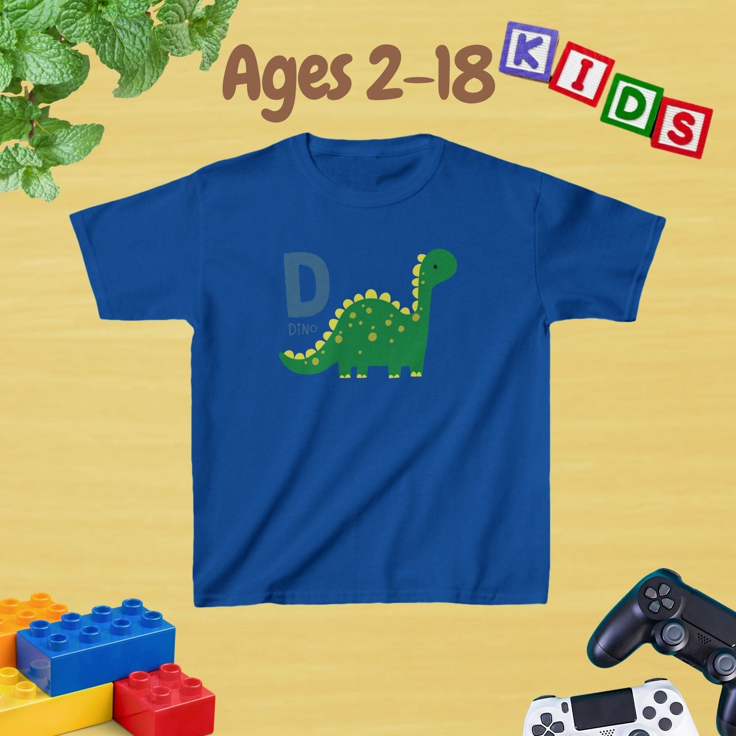 Animal Alphabet - D for Dino Unisex Kids Tee - Graphic Alphabet Tee for Kids Age 2-18