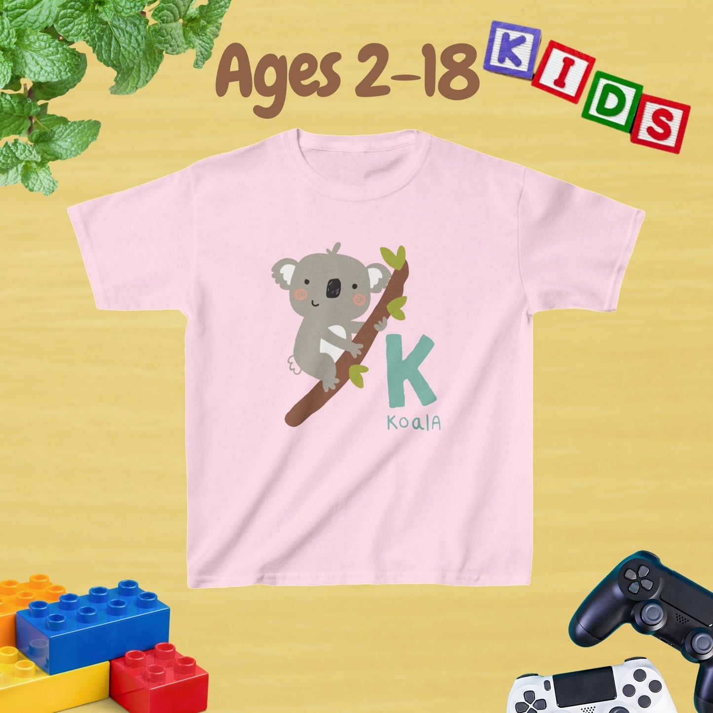 Animal Alphabet - K for Koala Unisex Kids Tee - Fun Educational Graphic Tee for Kids Age 2-18