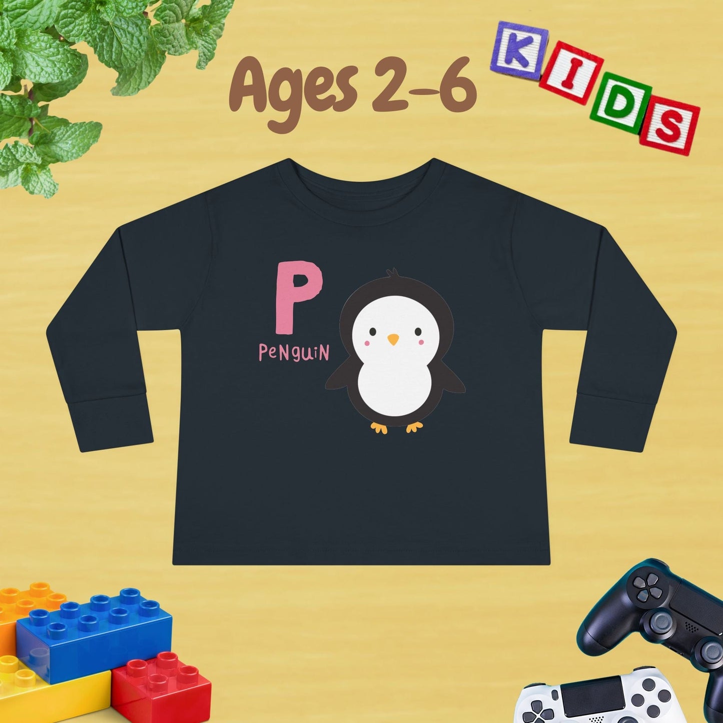 Animal Alphabet P for Penguin Unisex Kids Sweater Toddler Long Sleeve Tee Ages 2-6 - 100% Cotton Spring and Fall Kids Sweatshirt