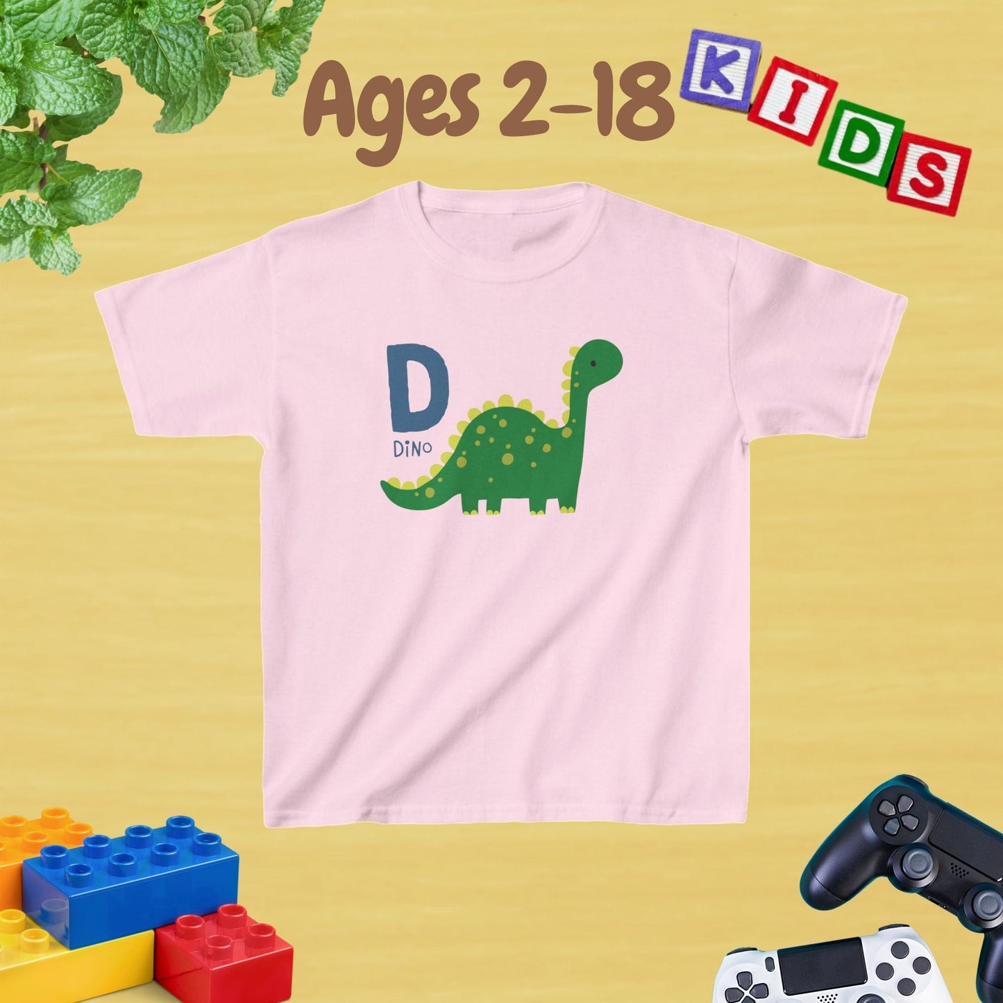 Animal Alphabet - D for Dino Unisex Kids Tee - Graphic Alphabet Tee for Kids Age 2-18