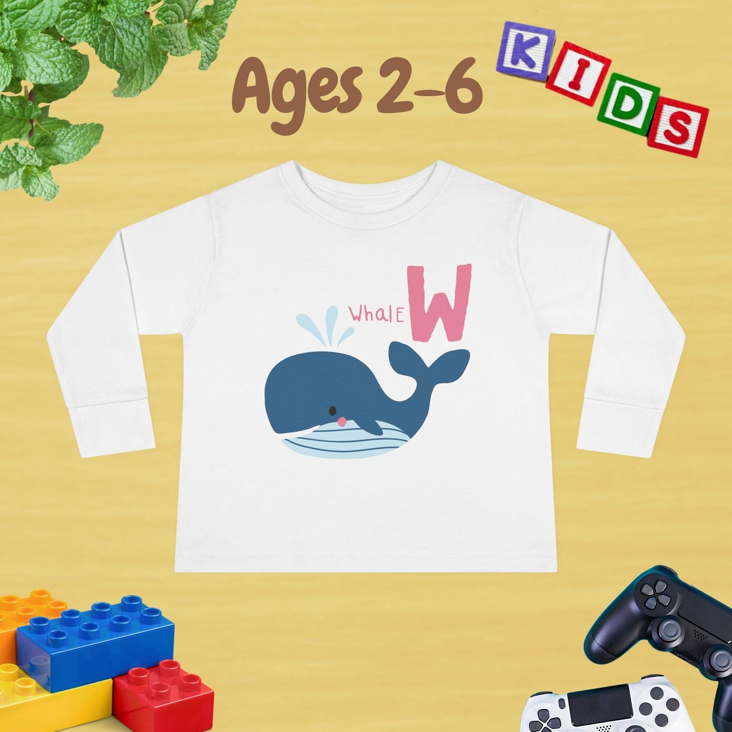 Animal Alphabet W for Whale Unisex Kids Sweater Toddler Long Sleeve Tee Ages 2-6 - 100% Cotton Spring and Fall Kids Sweatshirt