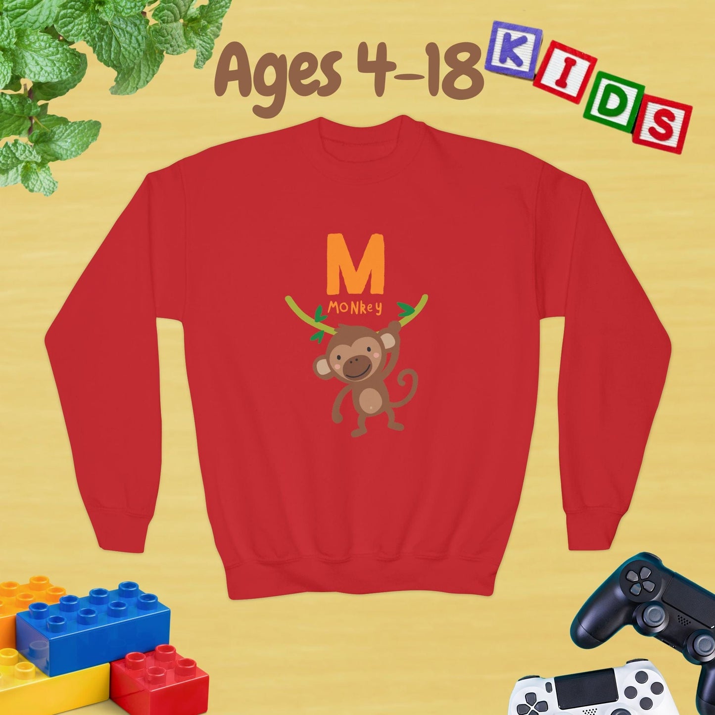 Animal Alphabet M for Monkey Ages 4-18 Unisex Kids and Teens Sweatshirt - Cozy Fall and Winter Youth Sweatshirt
