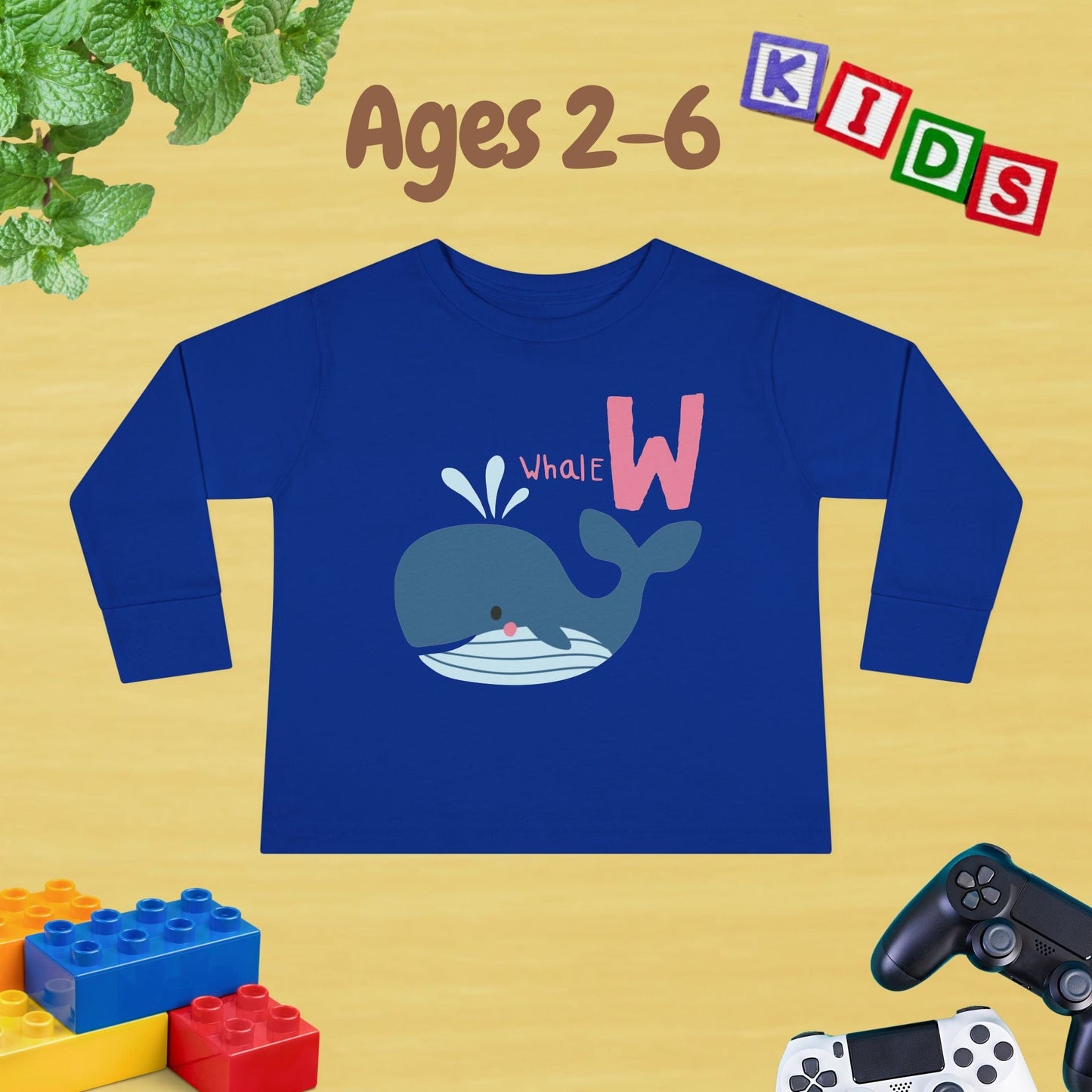Animal Alphabet W for Whale Unisex Kids Sweater Toddler Long Sleeve Tee Ages 2-6 - 100% Cotton Spring and Fall Kids Sweatshirt