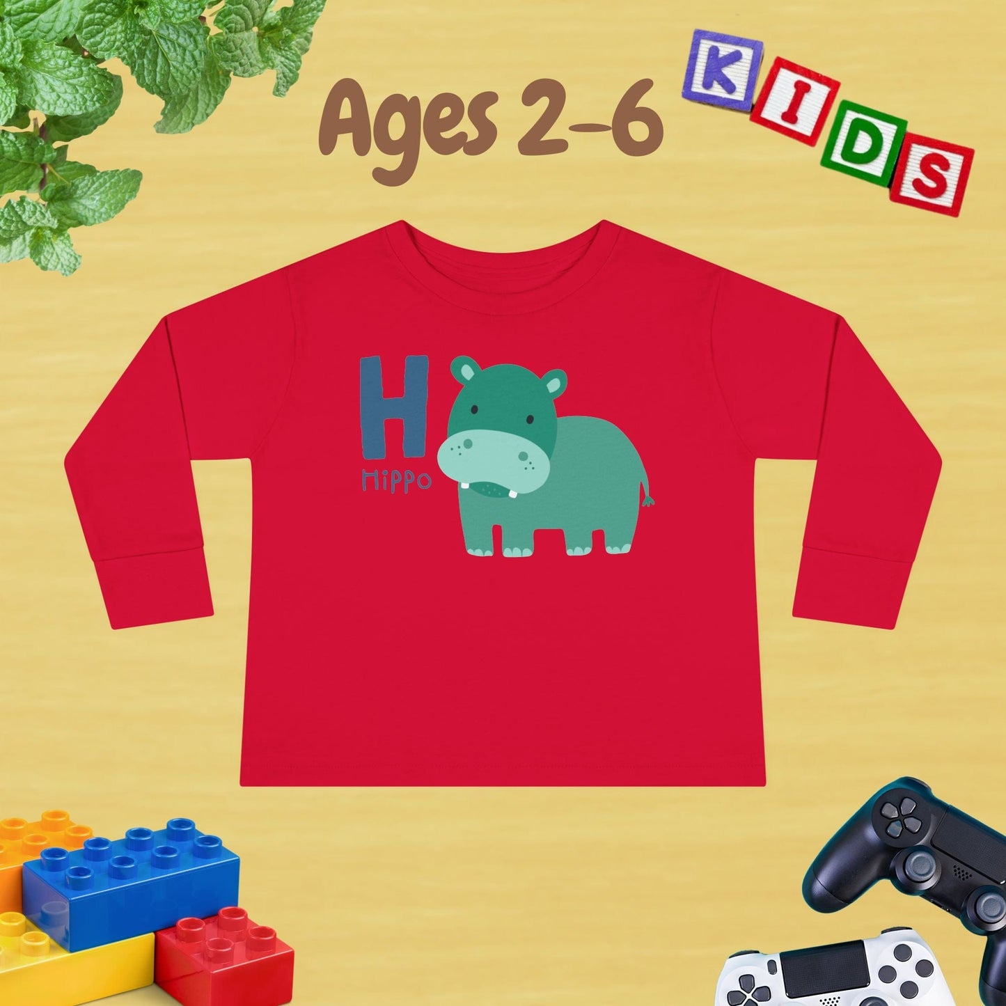 Animal Alphabet H for Hippo Unisex Kids Sweater Toddler Long Sleeve Tee Ages 2-6 - 100% Cotton Spring and Fall Kids Sweatshirt