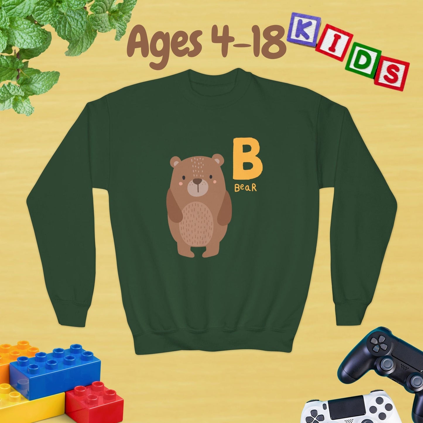 Animal Alphabet - B for Bear Ages 4-18 Unisex Kids and Teens Sweatshirt - Cozy Fall and Winter Youth Sweatshirt