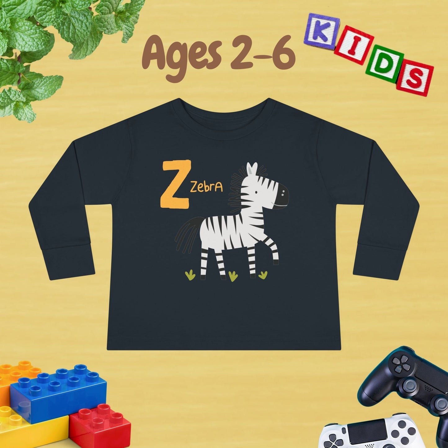 Animal Alphabet Z for Zebra Unisex Kids Sweater Toddler Long Sleeve Tee Ages 2-6 - 100% Cotton Spring and Fall Kids Sweatshirt