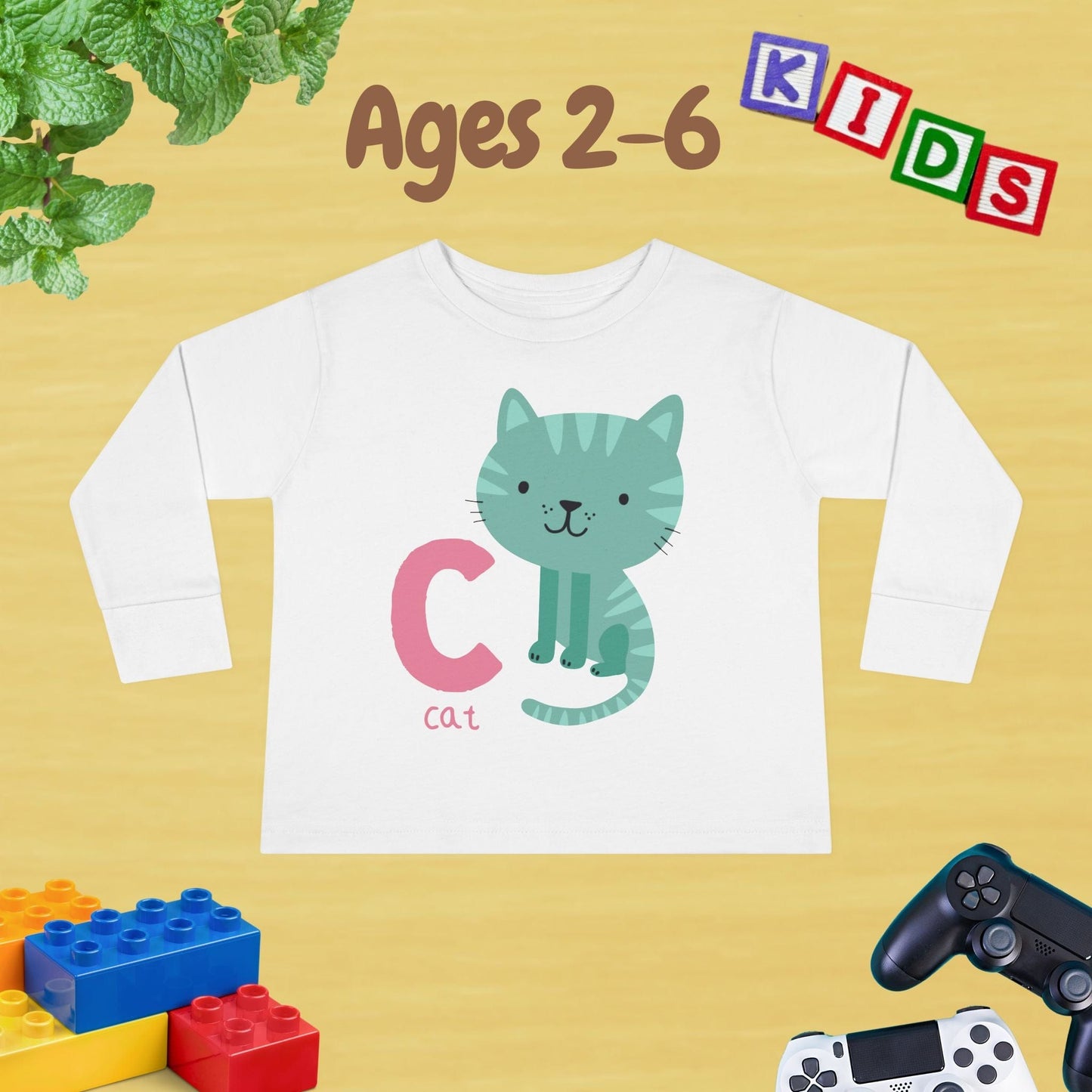 Animal Alphabet C for Cat Unisex Kids Sweater Toddler Long Sleeve Tee Ages 2-6 - 100% Cotton Spring and Fall Kids Sweatshirt