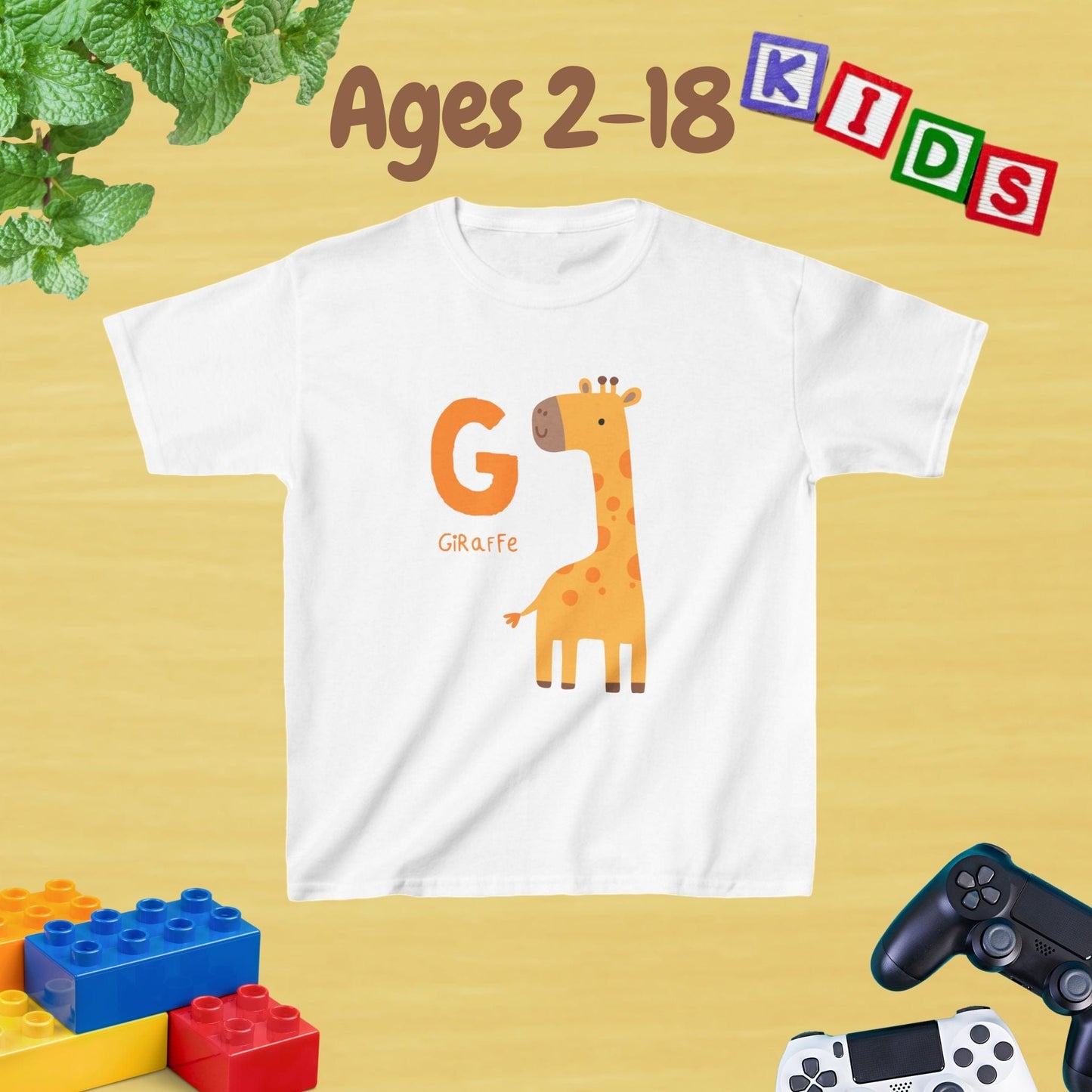 Animal Alphabet - G for Giraffe Unisex Kids Tee - Graphic Alphabet Tee for Kids Age 2-18