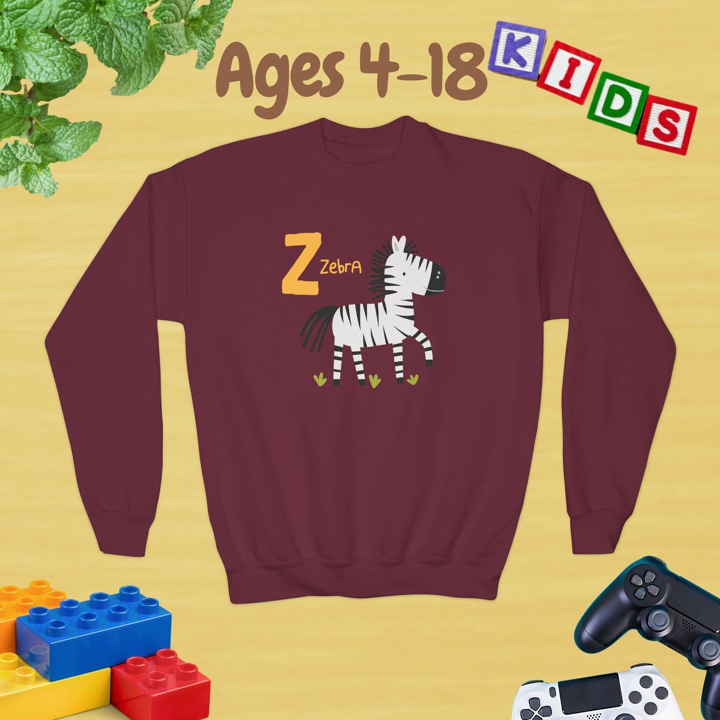 Animal Alphabet Z for Zebra Ages 4-18 Unisex Kids and Teens Sweatshirt - Cozy Fall and Winter Youth Sweatshirt