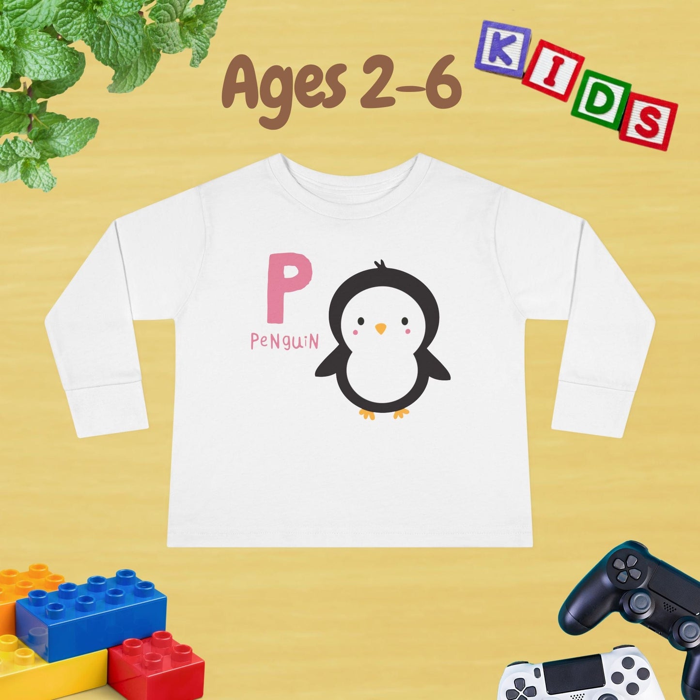 Animal Alphabet P for Penguin Unisex Kids Sweater Toddler Long Sleeve Tee Ages 2-6 - 100% Cotton Spring and Fall Kids Sweatshirt