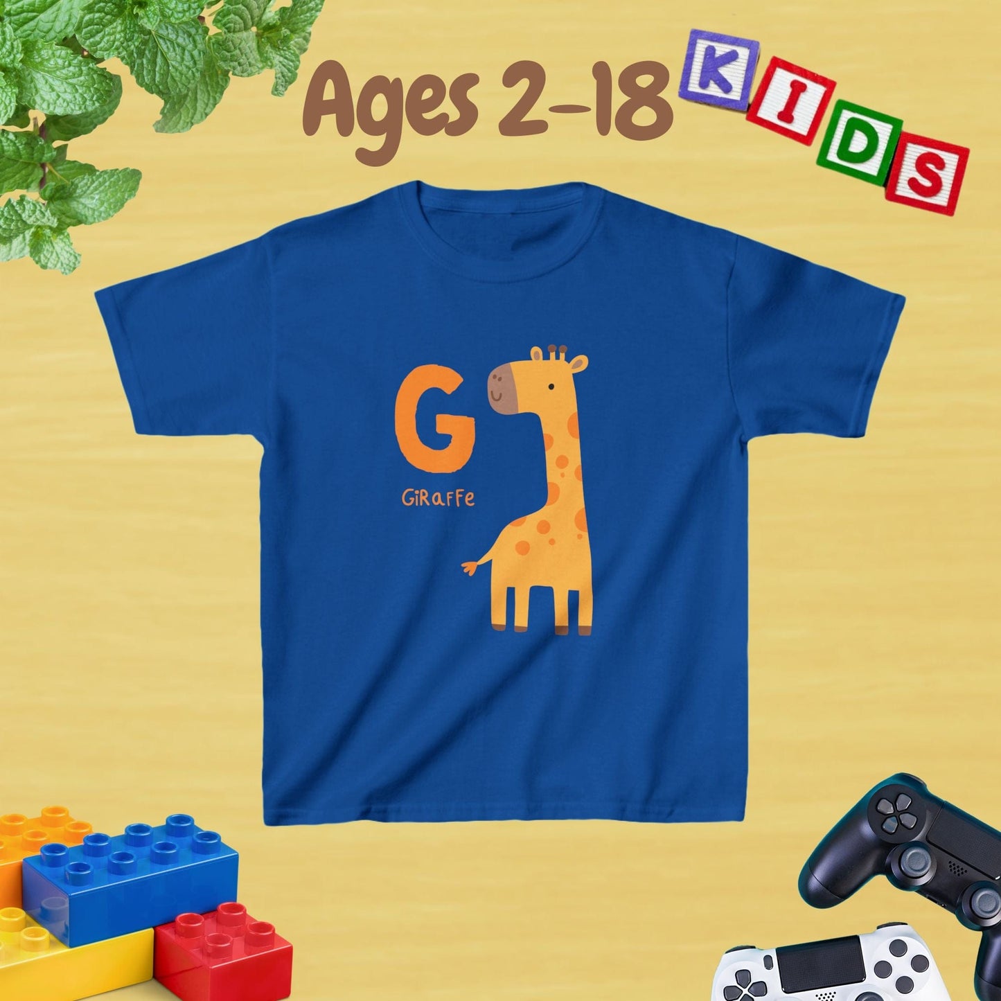 Animal Alphabet - G for Giraffe Unisex Kids Tee - Graphic Alphabet Tee for Kids Age 2-18