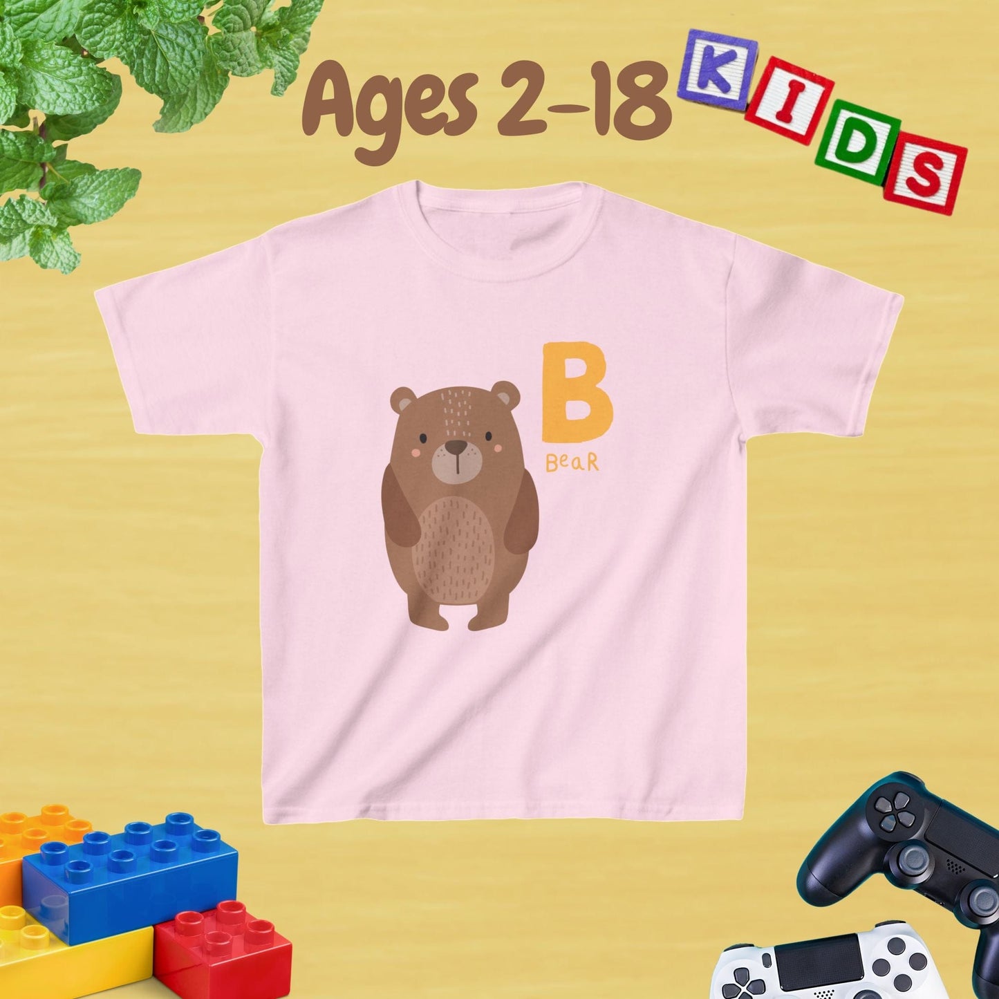 Animal Alphabet - B for Bear Unisex Kids Tee - Graphic Alphabet Tee for Kids Age 2-18