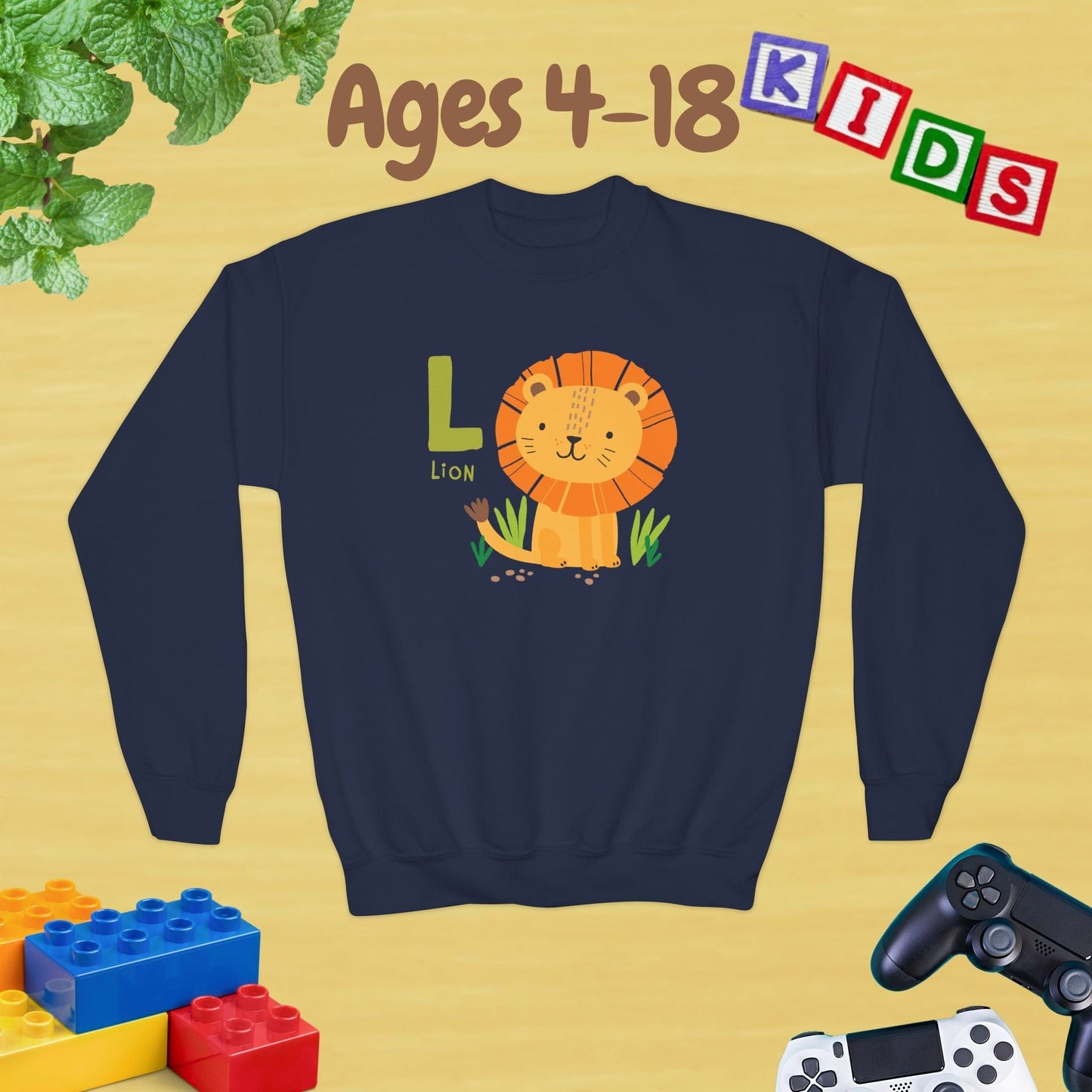 Animal Alphabet - L for Lion Ages 4-18 Unisex Kids and Teens Sweatshirt - Cozy Fall and Winter Youth Sweatshirt