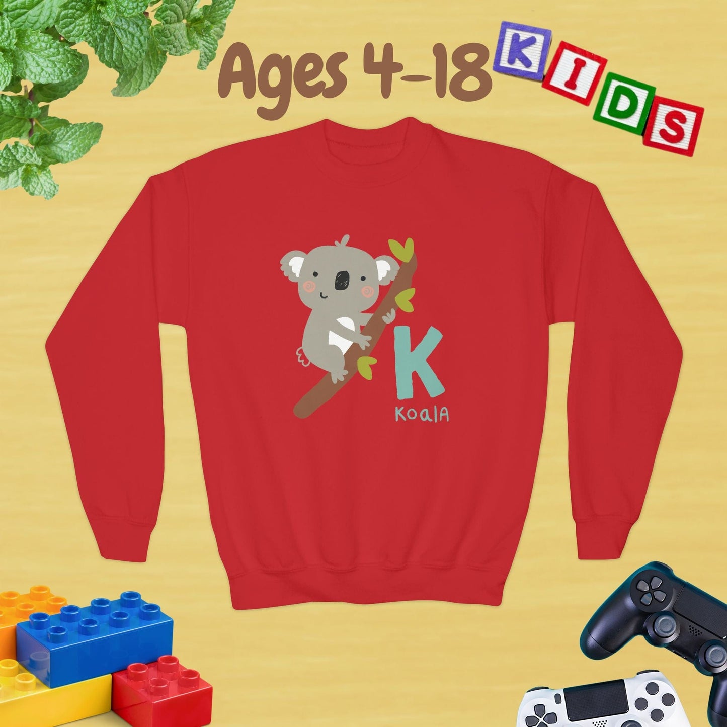 Animal Alphabet - K for Koala Ages 4-18 Unisex Kids and Teens Sweatshirt - Cozy Fall and Winter Youth Sweatshirt