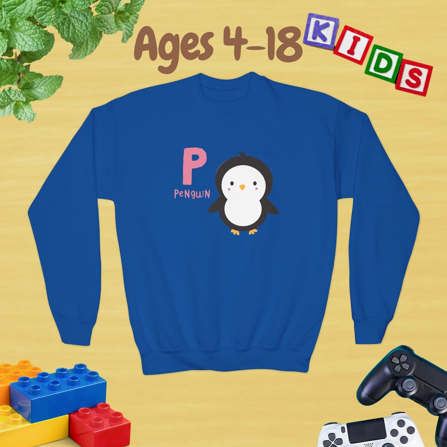 Animal Alphabet P for Penguin Ages 4-18 Unisex Kids and Teens Sweatshirt - Cozy Fall and Winter Youth Sweatshirt