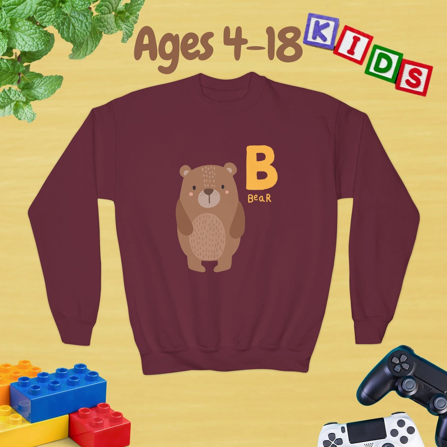 Animal Alphabet - B for Bear Ages 4-18 Unisex Kids and Teens Sweatshirt - Cozy Fall and Winter Youth Sweatshirt