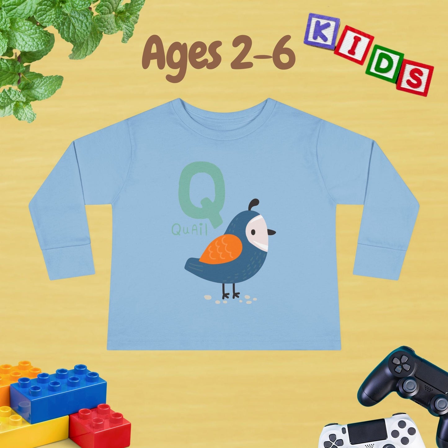 Animal Alphabet Q for Quail Unisex Kids Sweater Toddler Long Sleeve Tee Ages 2-6 - 100% Cotton Spring and Fall Kids Sweatshirt