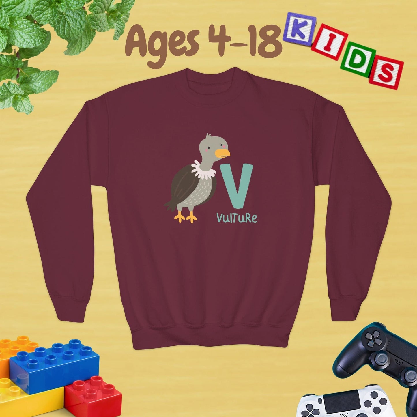 Animal Alphabet V for Vulture Ages 4-18 Unisex Kids and Teens Sweatshirt - Cozy Fall and Winter Youth Sweatshirt