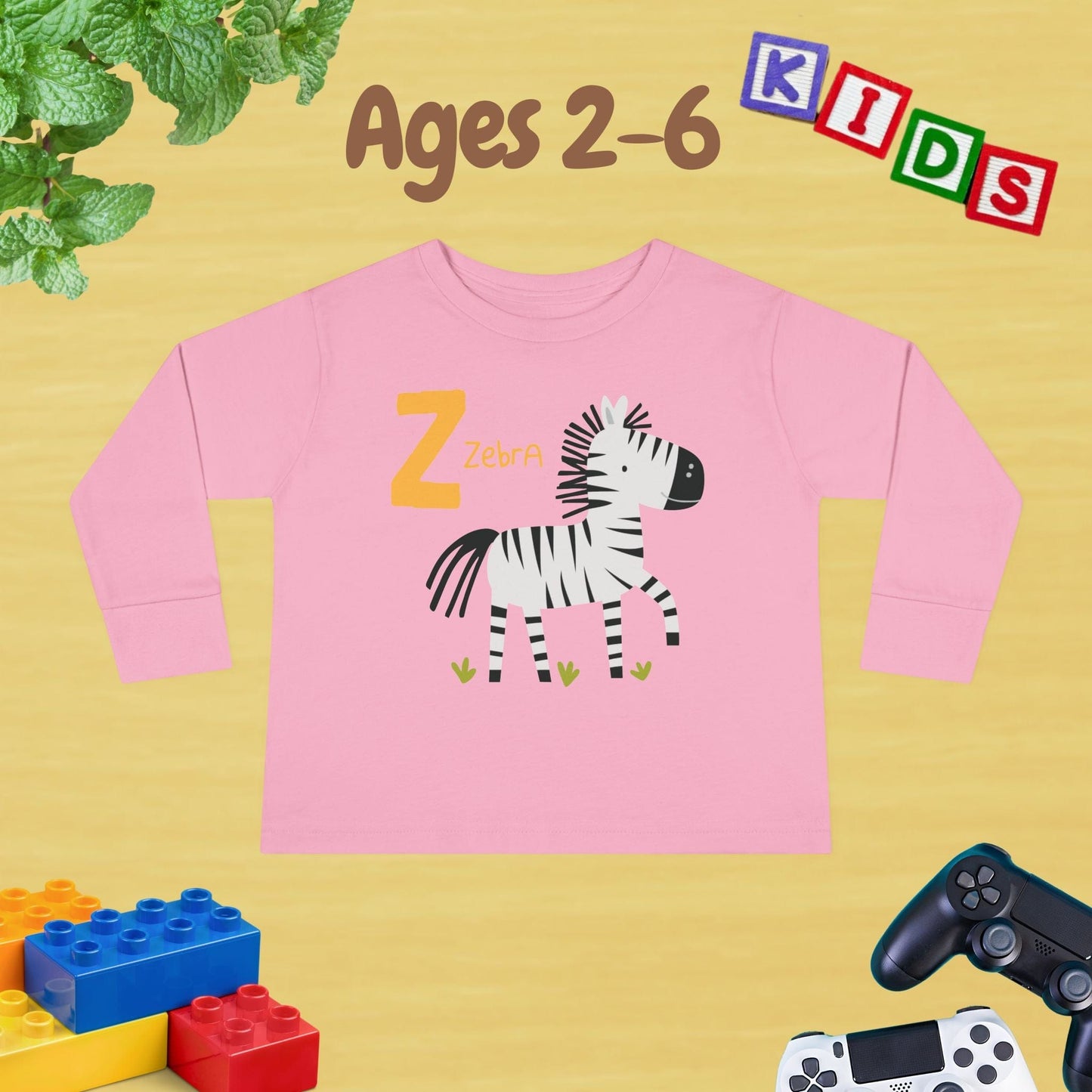 Animal Alphabet Z for Zebra Unisex Kids Sweater Toddler Long Sleeve Tee Ages 2-6 - 100% Cotton Spring and Fall Kids Sweatshirt