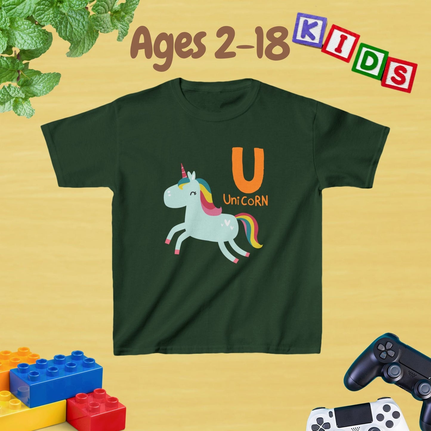 Animal Alphabet - U for Unicorn Unisex Kids Tee - Fun Educational Graphic Tee for Age 2-18 Kids