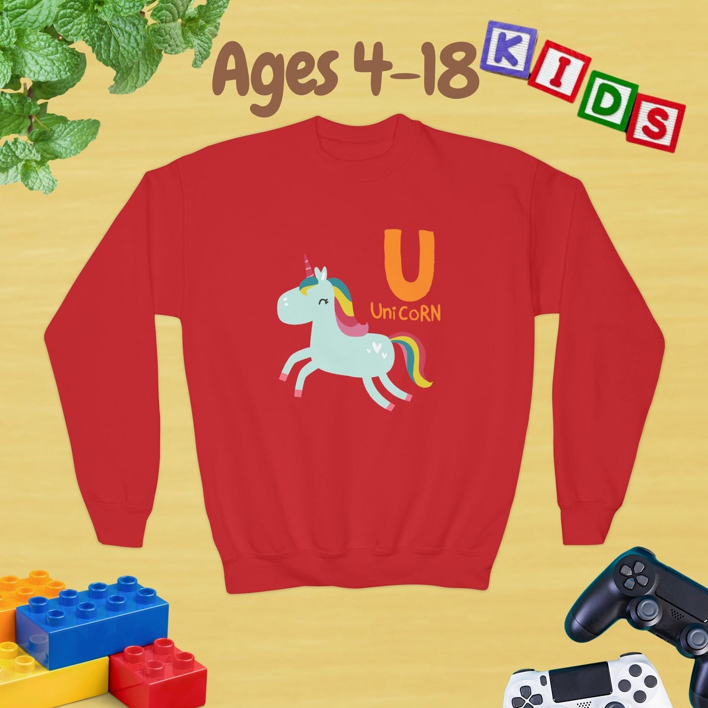 Animal Alphabet U for Unicorn Ages 4-18 Unisex Kids and Teens Sweatshirt - Cozy Fall and Winter Youth Sweatshirt
