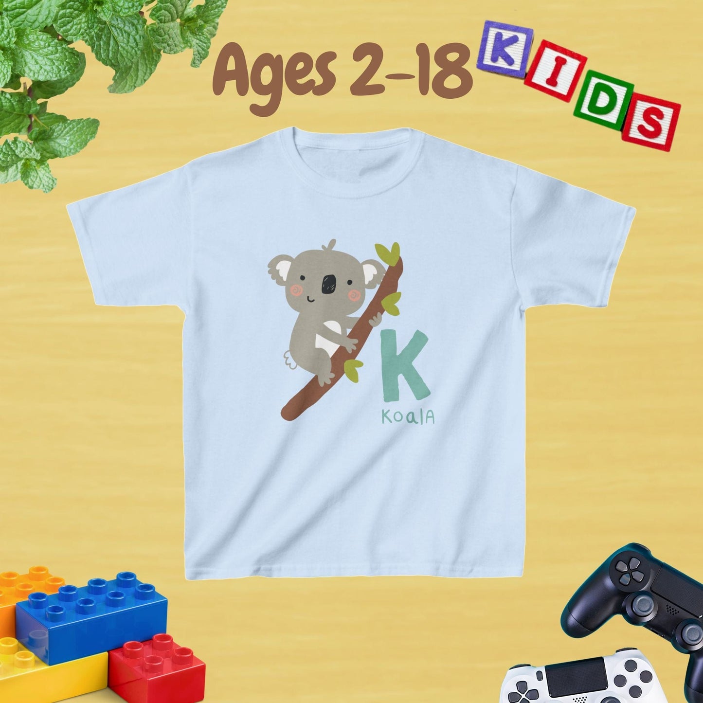 Animal Alphabet - K for Koala Unisex Kids Tee - Fun Educational Graphic Tee for Kids Age 2-18
