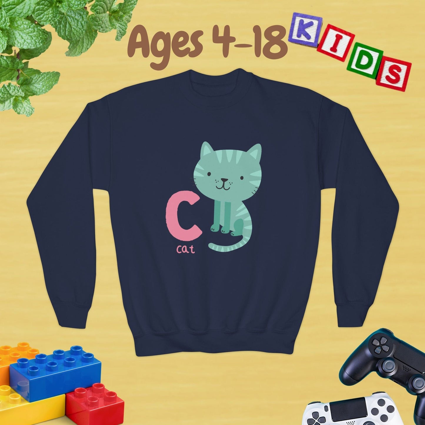 Animal Alphabet - C for Cat Ages 4-16 Unisex Kids and Teens Sweatshirt - Cozy Fall and Winter Youth Sweatshirt