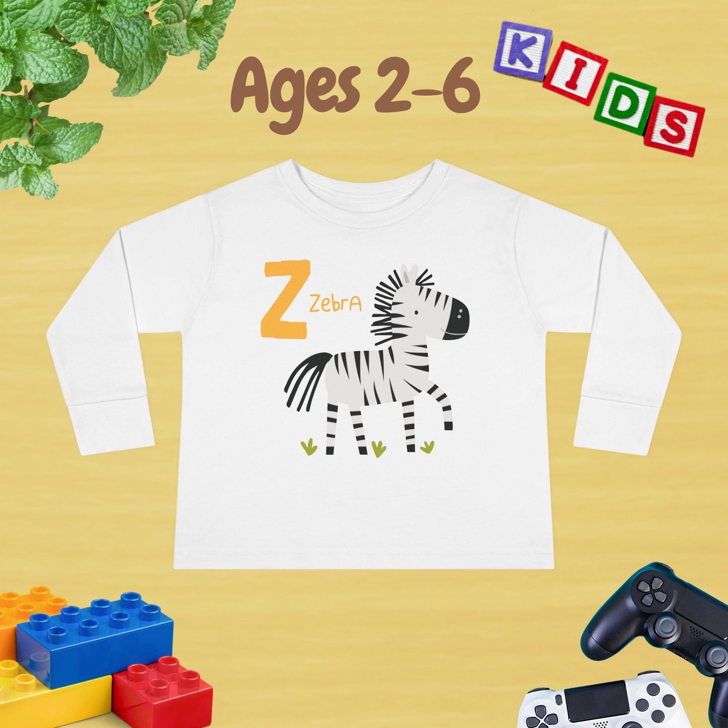 Animal Alphabet Z for Zebra Unisex Kids Sweater Toddler Long Sleeve Tee Ages 2-6 - 100% Cotton Spring and Fall Kids Sweatshirt