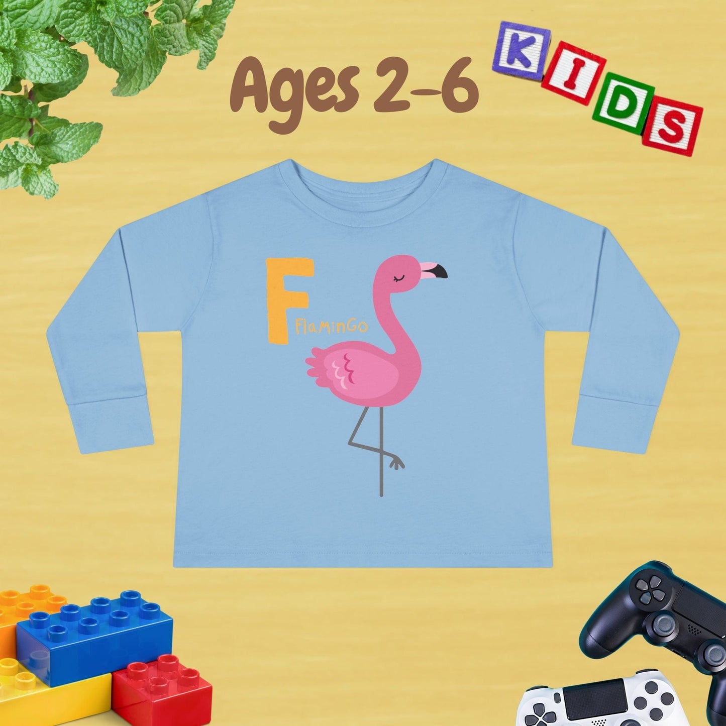 Animal Alphabet F for Flamingo Unisex Kids Sweater Toddler Long Sleeve Tee Ages 2-6 - 100% Cotton Spring and Fall Kids Sweatshirt