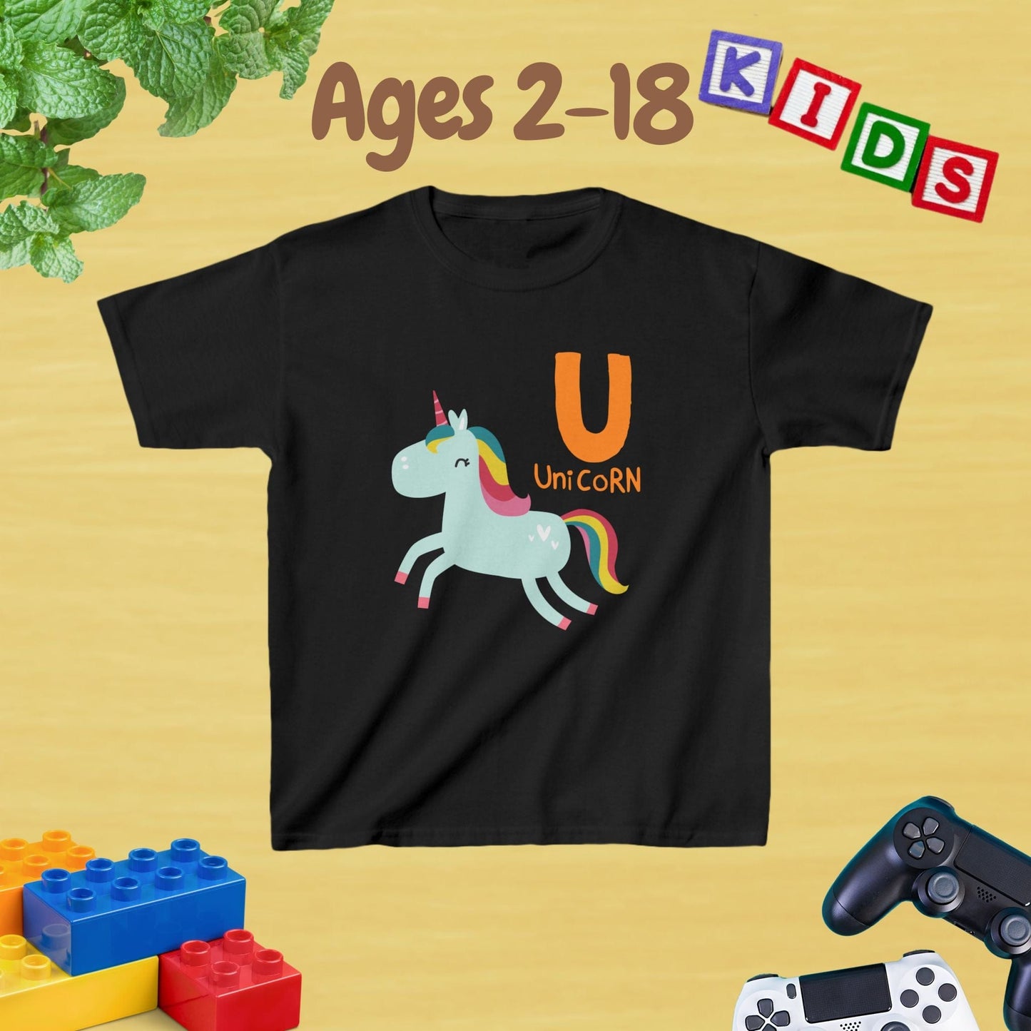 Animal Alphabet - U for Unicorn Unisex Kids Tee - Fun Educational Graphic Tee for Age 2-18 Kids