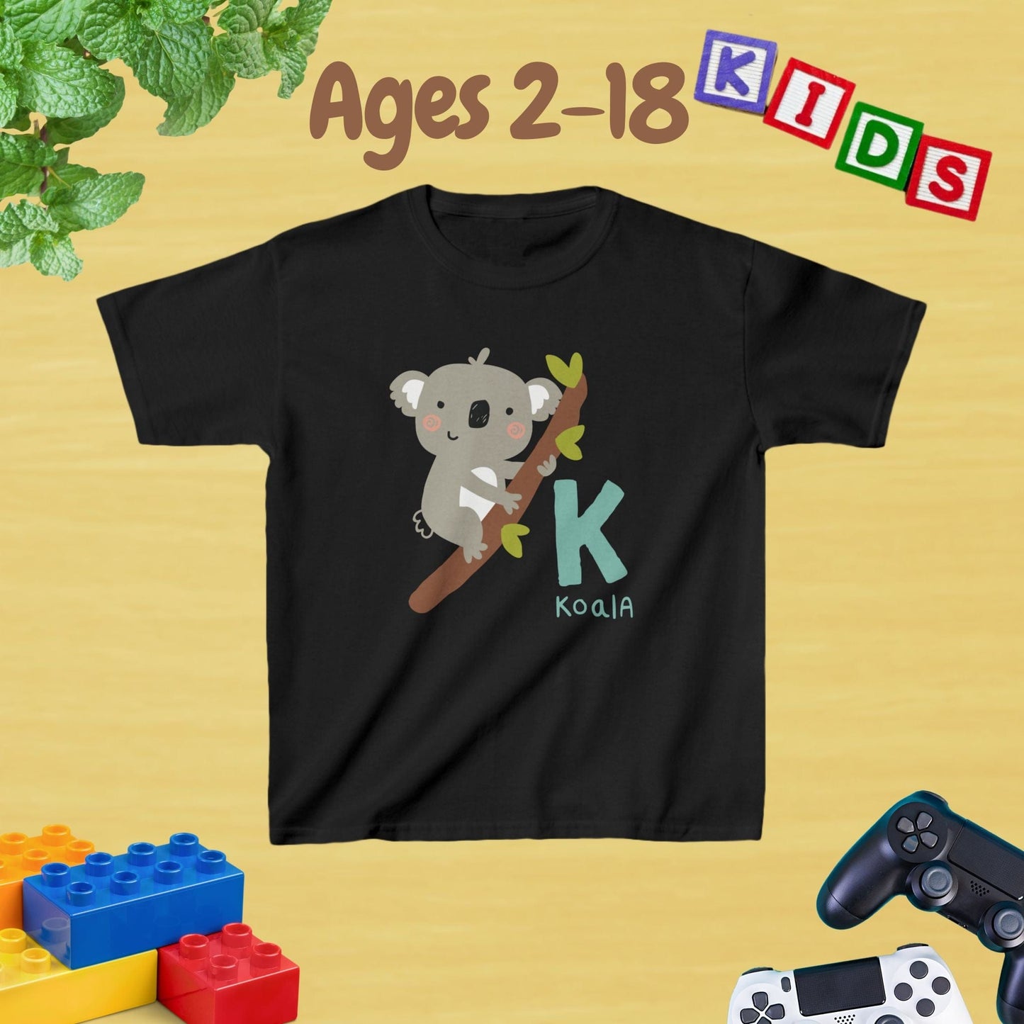 Animal Alphabet - K for Koala Unisex Kids Tee - Fun Educational Graphic Tee for Kids Age 2-18