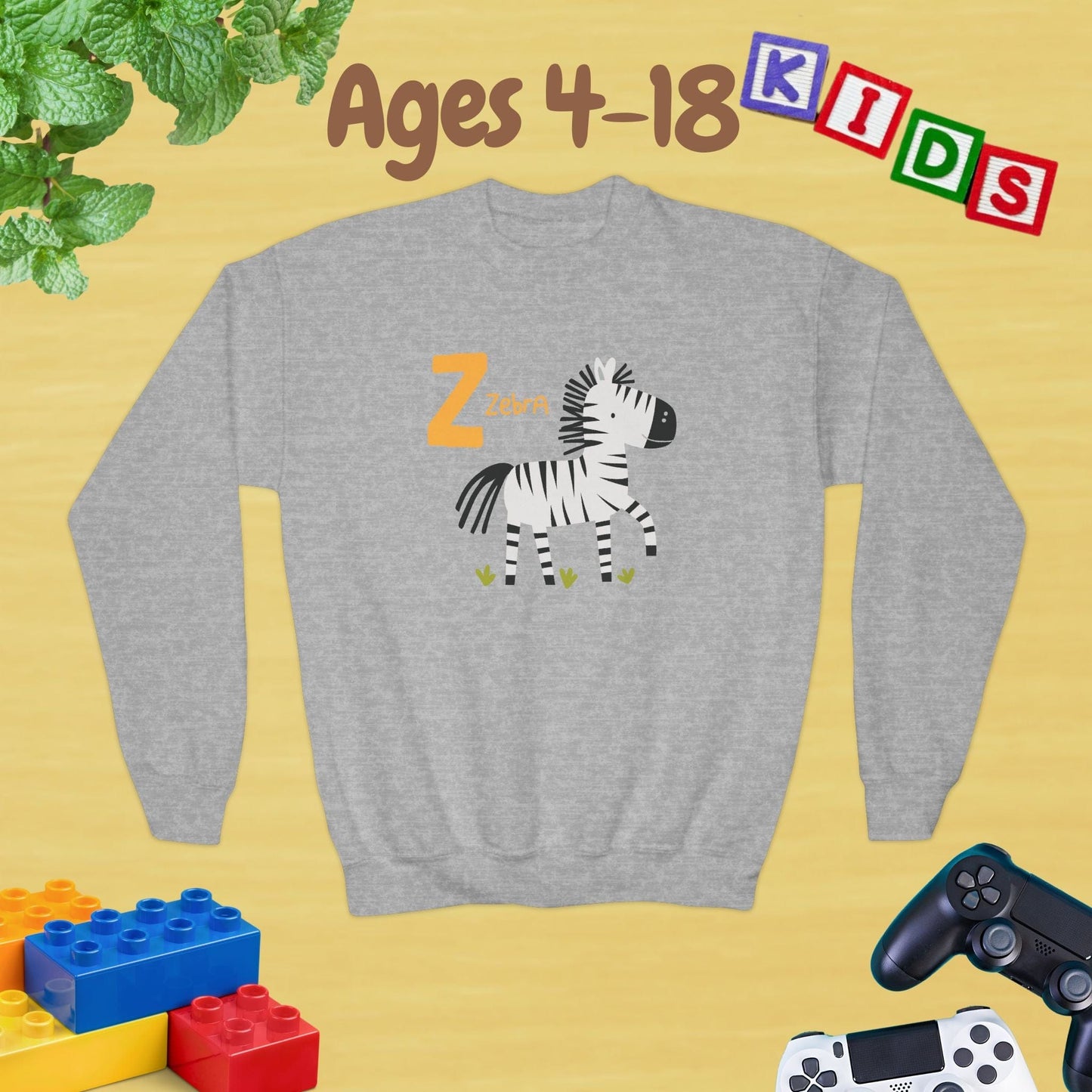 Animal Alphabet Z for Zebra Ages 4-18 Unisex Kids and Teens Sweatshirt - Cozy Fall and Winter Youth Sweatshirt