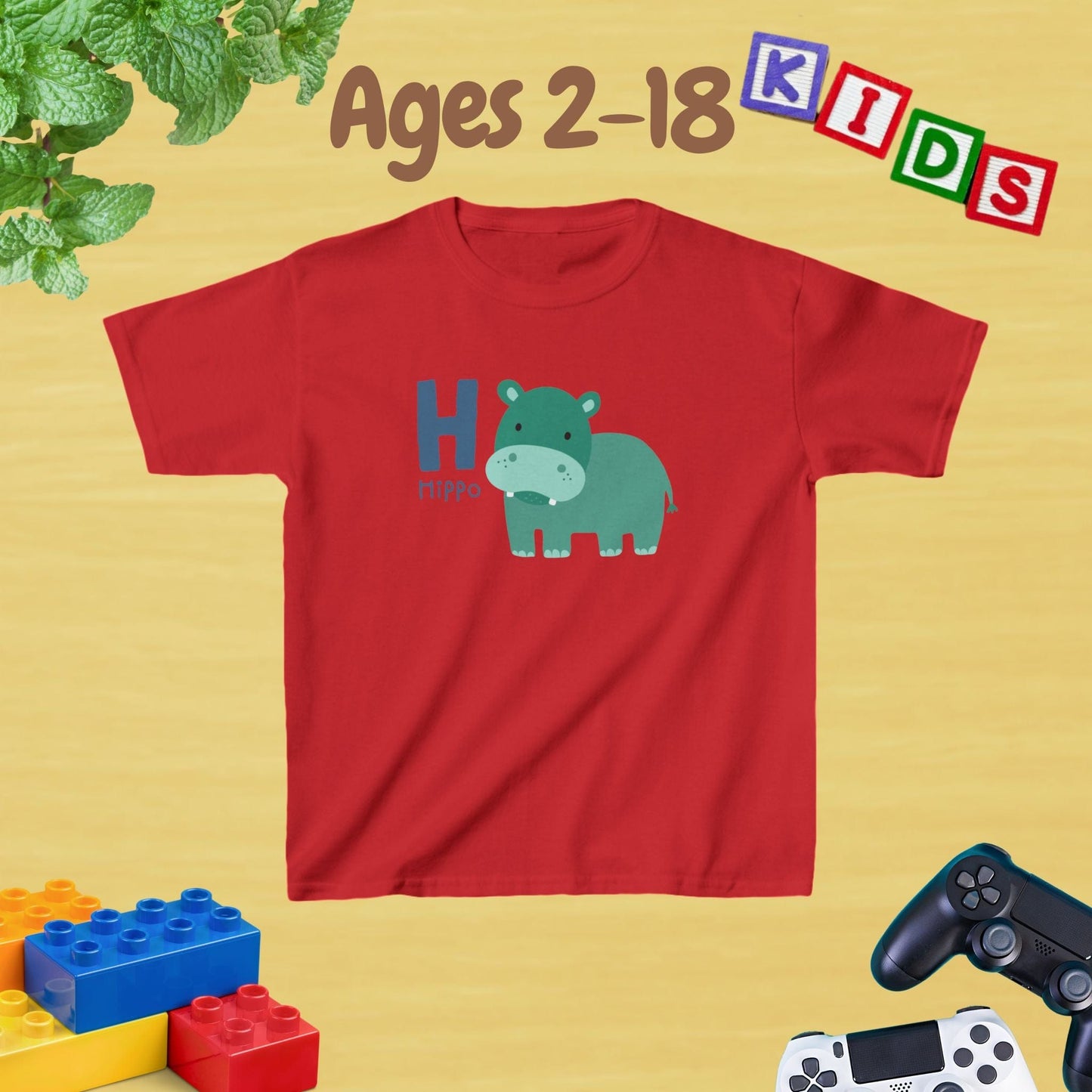 Animal Alphabet - H for Hippo Unisex Kids Tee - Graphic Alphabet Tee for Kids Age 2-18