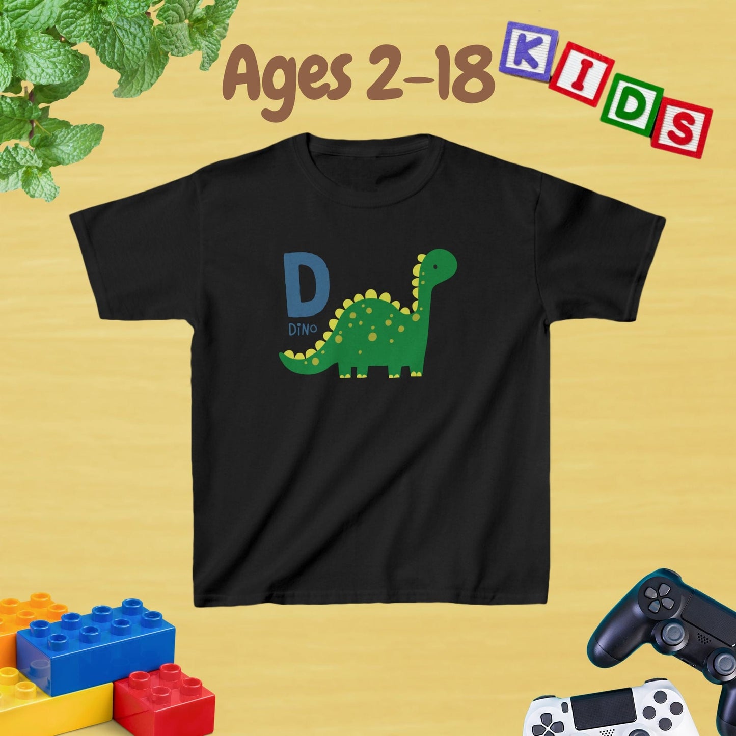 Animal Alphabet - D for Dino Unisex Kids Tee - Graphic Alphabet Tee for Kids Age 2-18