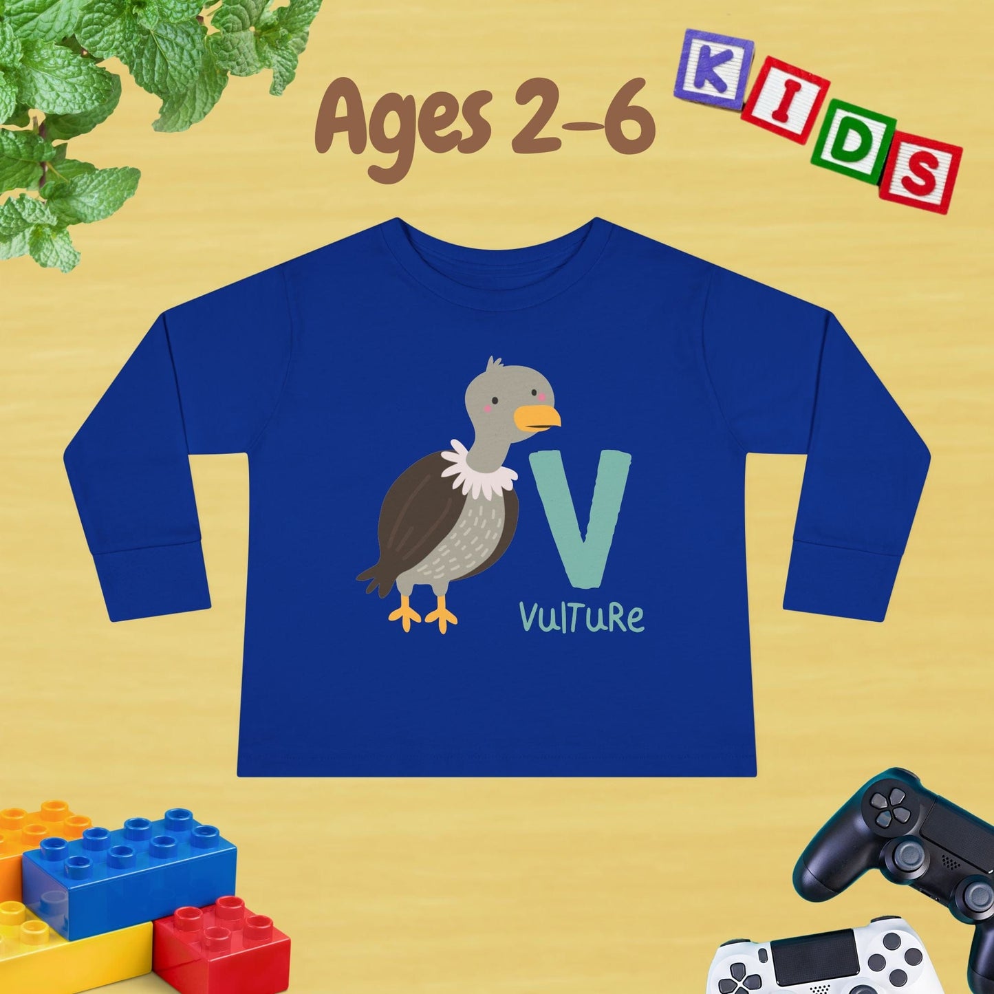 Animal Alphabet V for Vulture Unisex Kids Sweater Toddler Long Sleeve Tee Ages 2-6 - 100% Cotton Spring and Fall Kids Sweatshirt