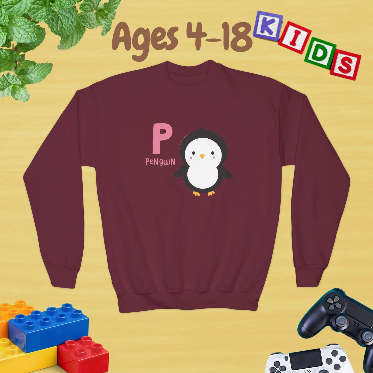 Animal Alphabet P for Penguin Ages 4-18 Unisex Kids and Teens Sweatshirt - Cozy Fall and Winter Youth Sweatshirt