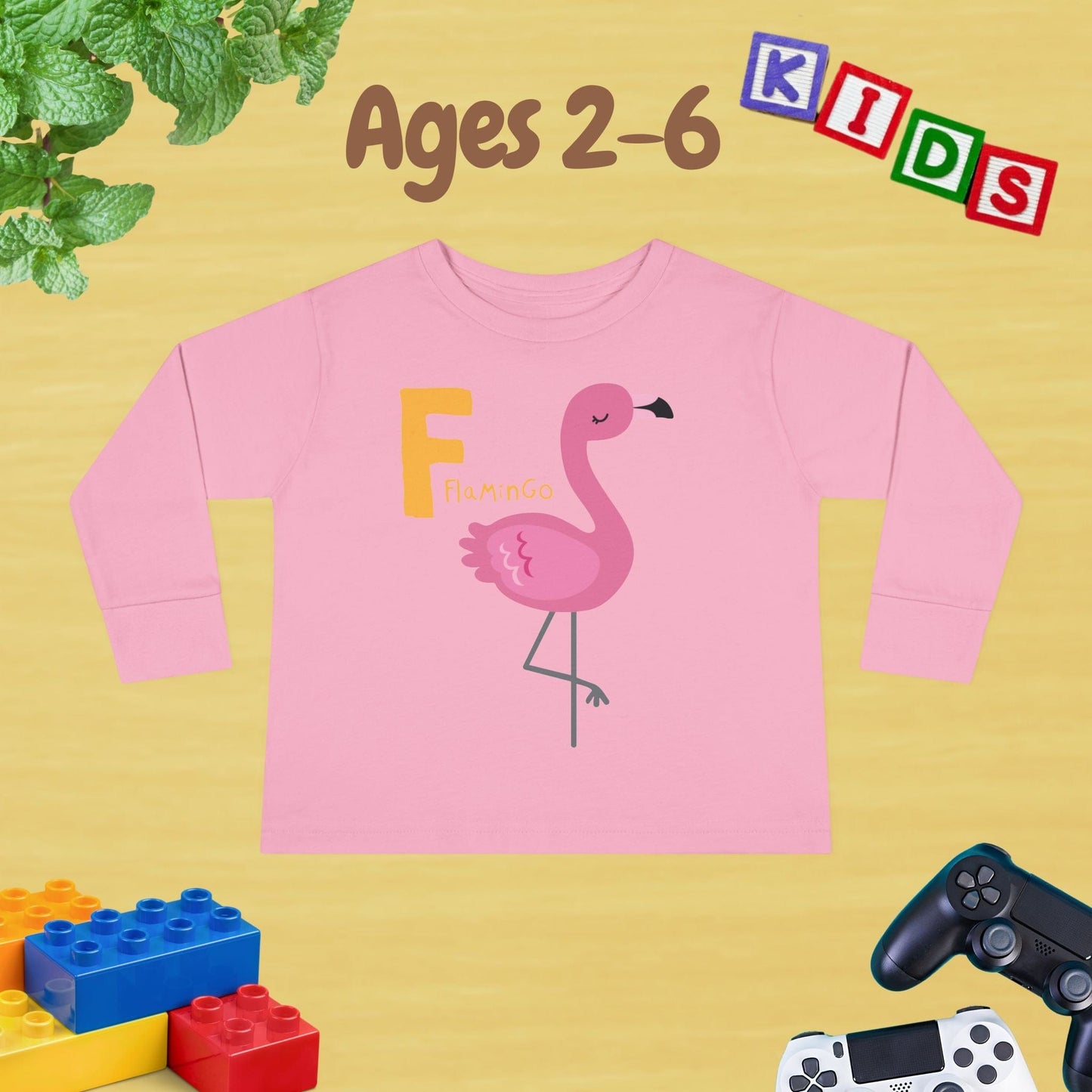 Animal Alphabet F for Flamingo Unisex Kids Sweater Toddler Long Sleeve Tee Ages 2-6 - 100% Cotton Spring and Fall Kids Sweatshirt