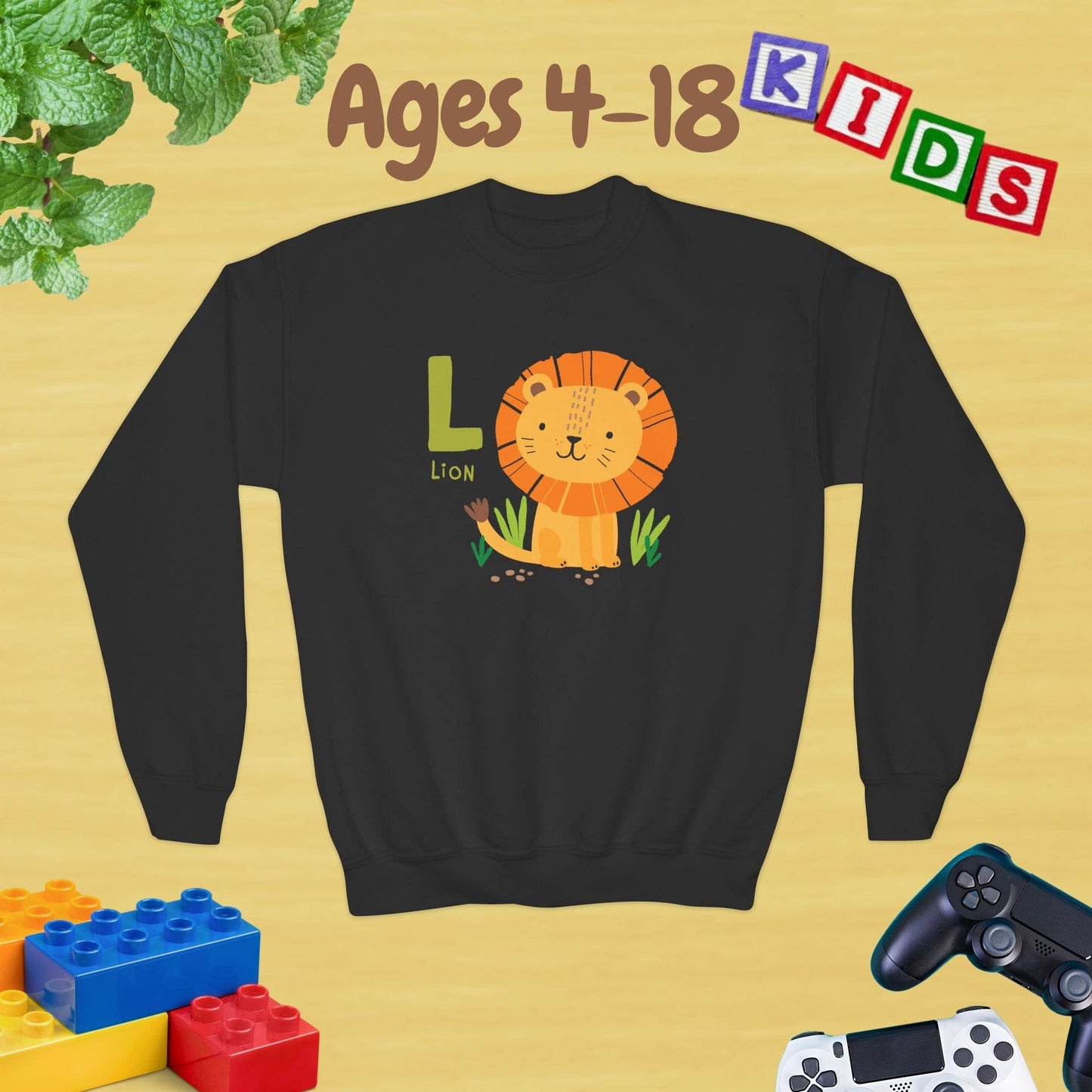 Animal Alphabet - L for Lion Ages 4-18 Unisex Kids and Teens Sweatshirt - Cozy Fall and Winter Youth Sweatshirt