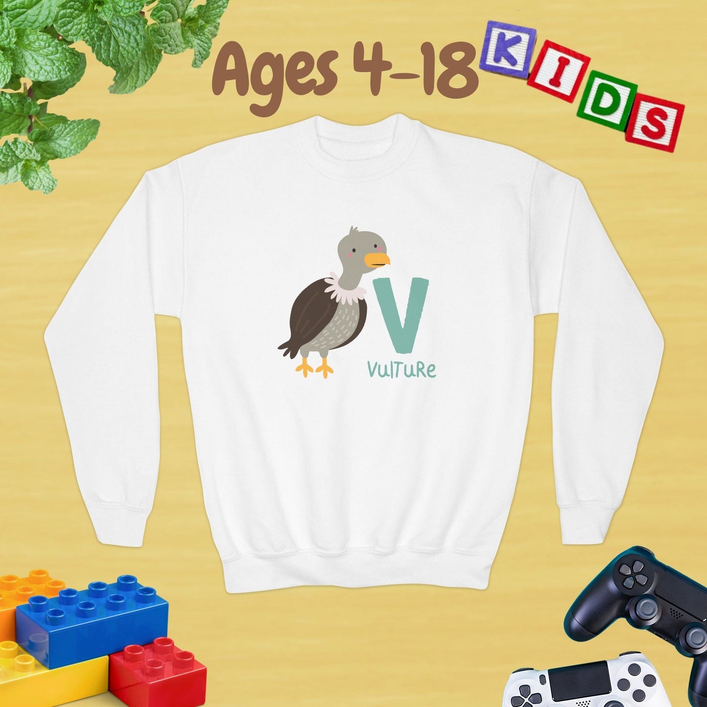 Animal Alphabet V for Vulture Ages 4-18 Unisex Kids and Teens Sweatshirt - Cozy Fall and Winter Youth Sweatshirt