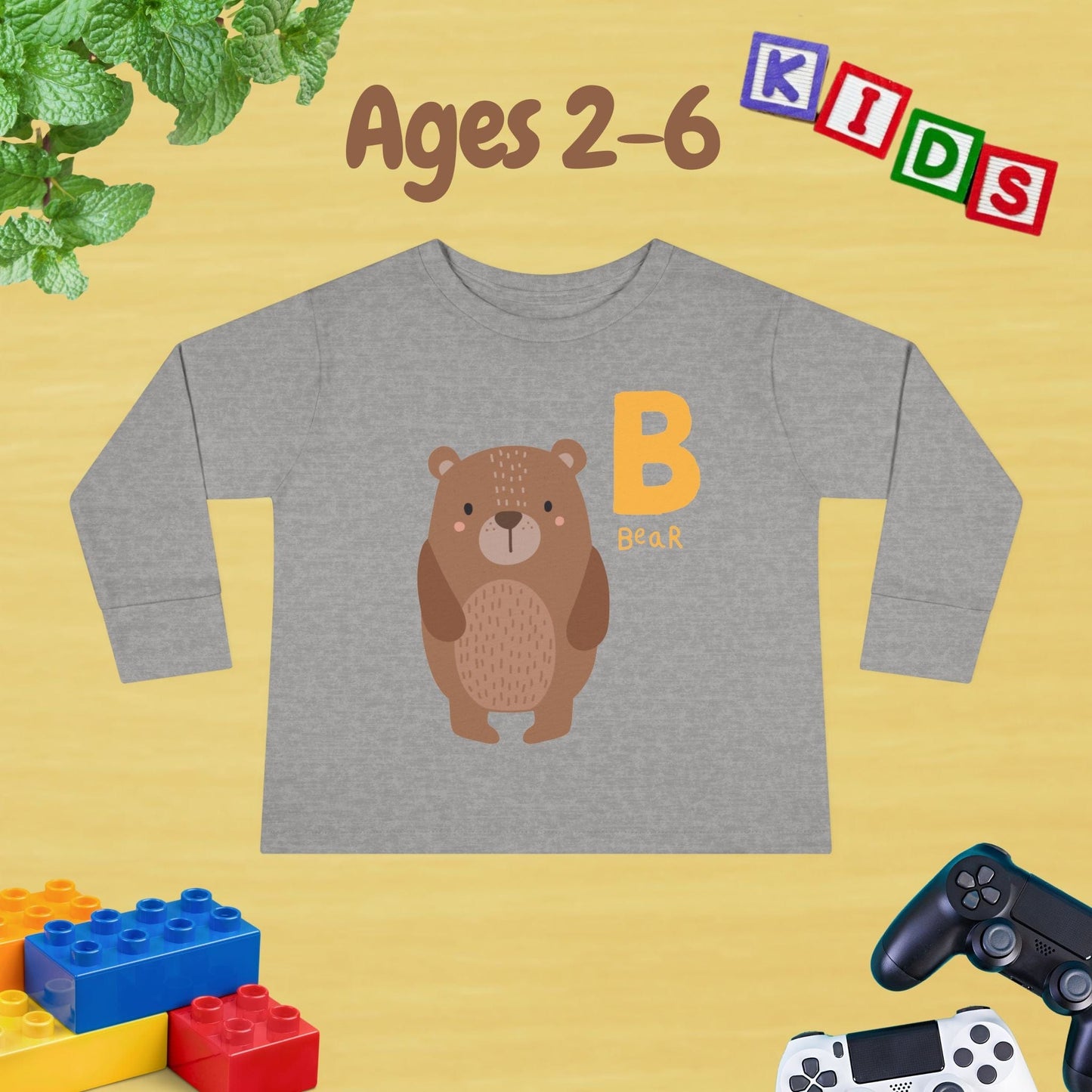 Animal Alphabet B for Bear Unisex Kids Sweater Toddler Long Sleeve Tee Ages 2-6 - 100% Cotton Spring and Fall Kids Sweatshirt