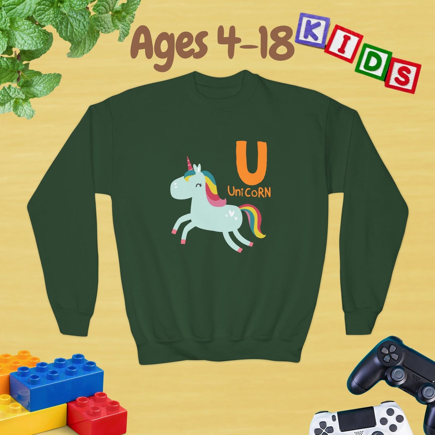 Animal Alphabet U for Unicorn Ages 4-18 Unisex Kids and Teens Sweatshirt - Cozy Fall and Winter Youth Sweatshirt