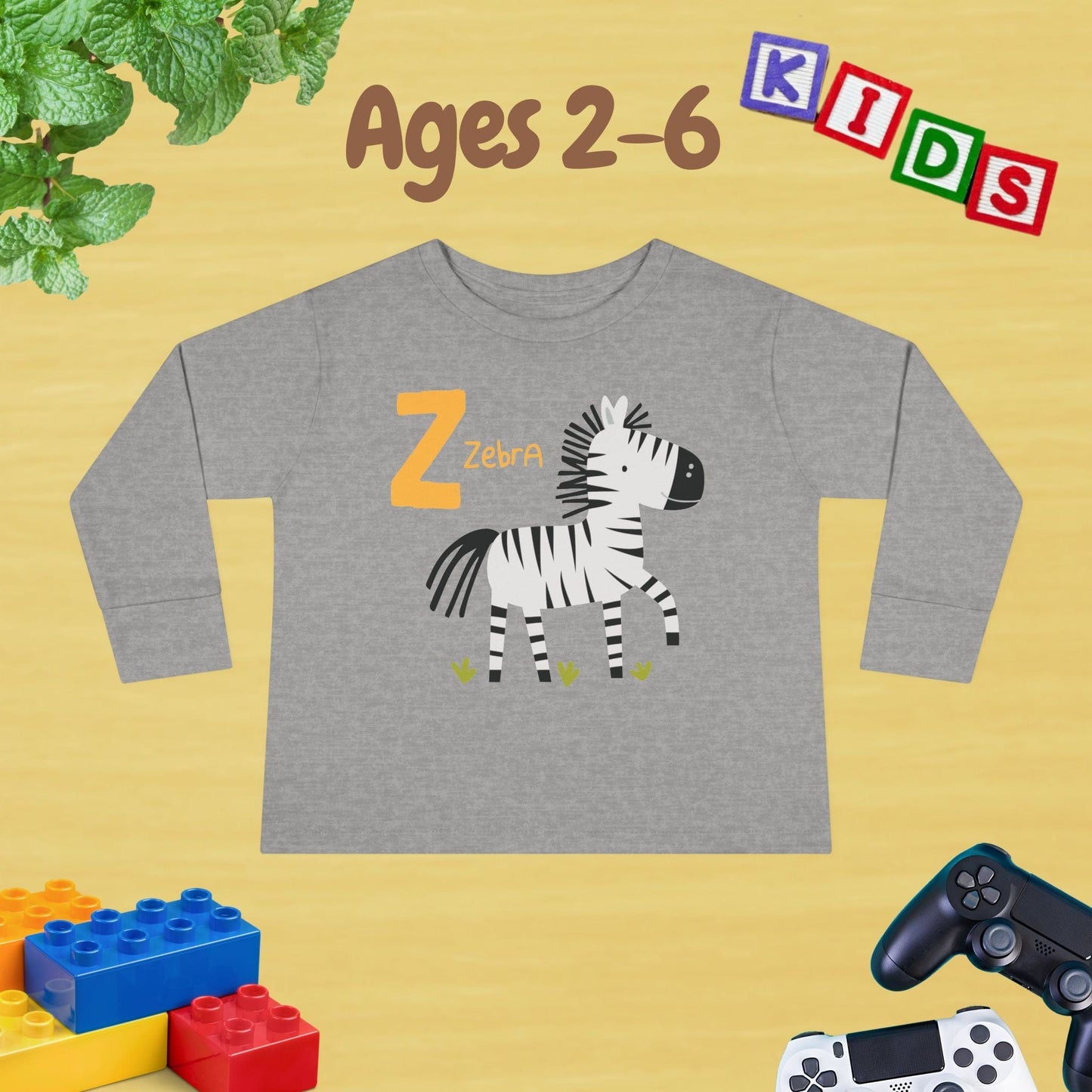 Animal Alphabet Z for Zebra Unisex Kids Sweater Toddler Long Sleeve Tee Ages 2-6 - 100% Cotton Spring and Fall Kids Sweatshirt